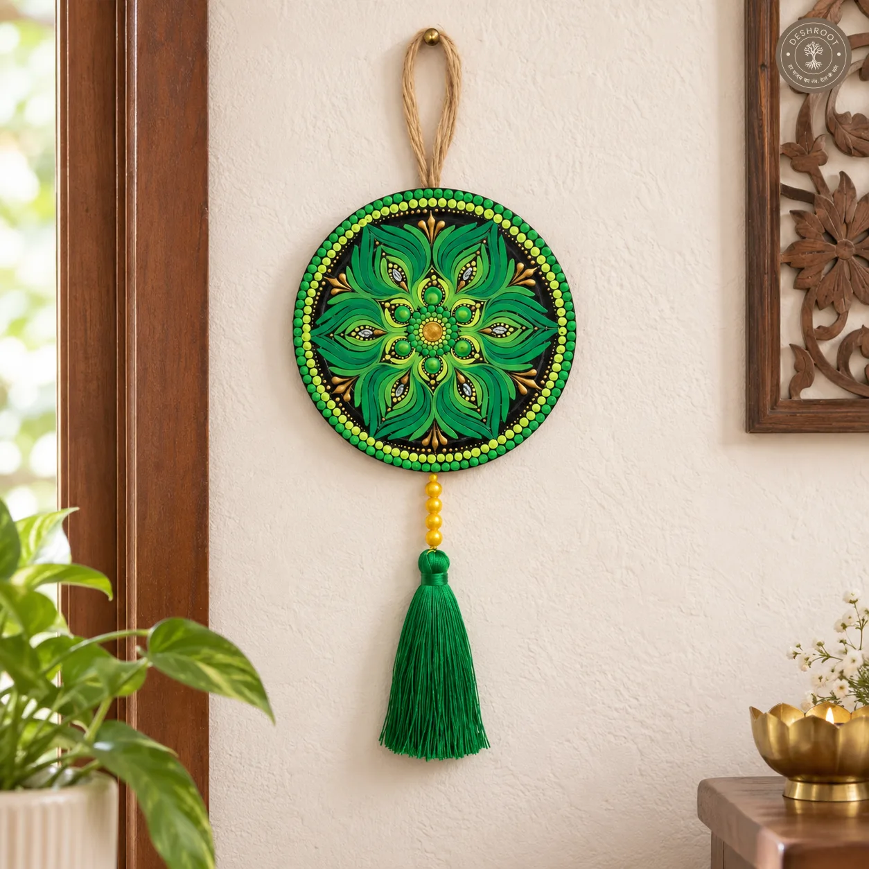 Verdant Lotus Handcrafted Dot Mandala Tassel Wall Hanging