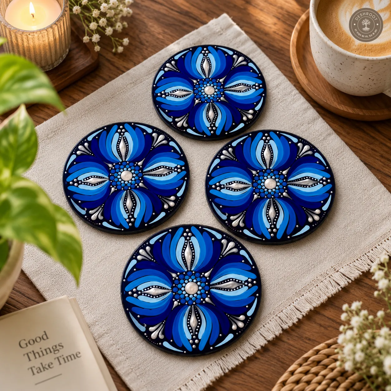 Midnight Sapphire Bloom Hand Painted Resin Dot Mandala Coasters - Set of 4