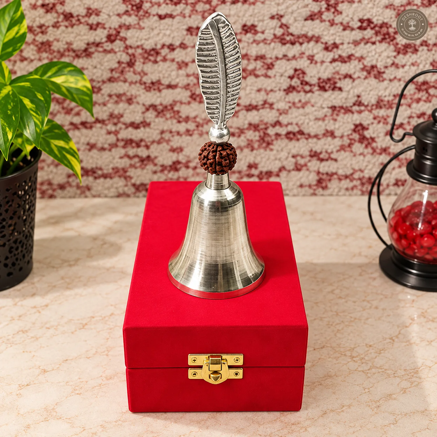 Silver Finish Pooja Bell with Peacock Feather & Rudraksha Design