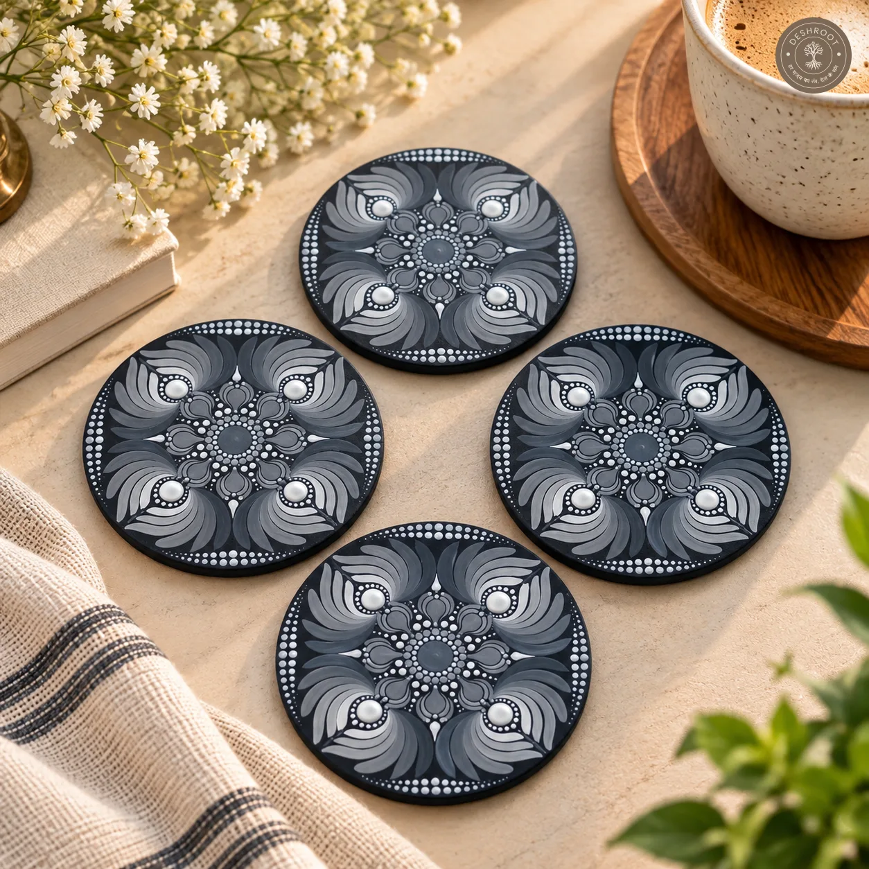 Silver Paisley Aura Hand-Painted Resin Dot Mandala Coasters - Set of 4