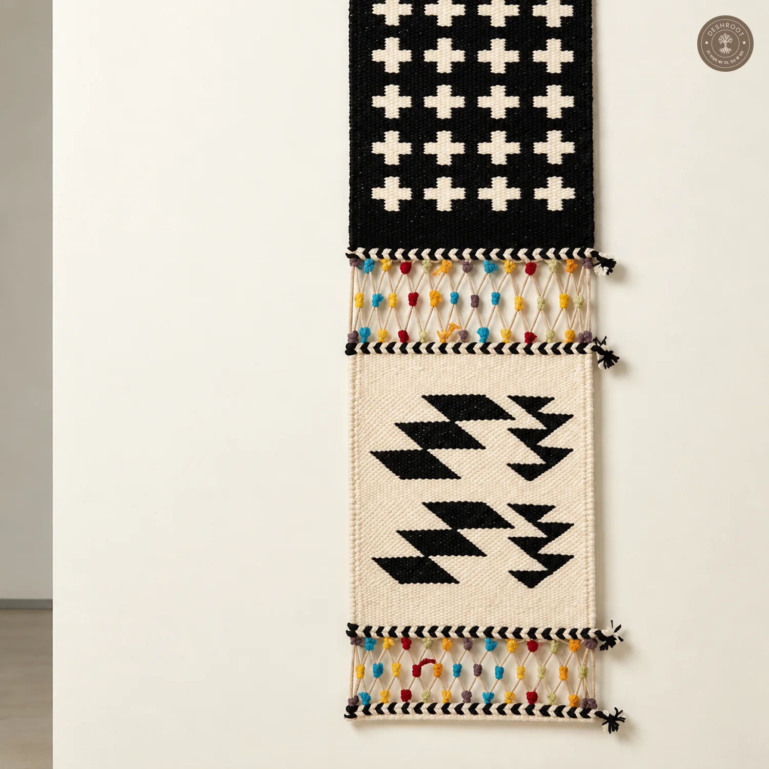 Handwoven Tribal Motif Wall Hanging with Colorful Tassel Detailing
