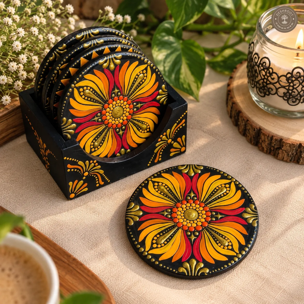 Golden Sunburst Hand-Painted Resin Dot Mandala Coasters - Set of 4