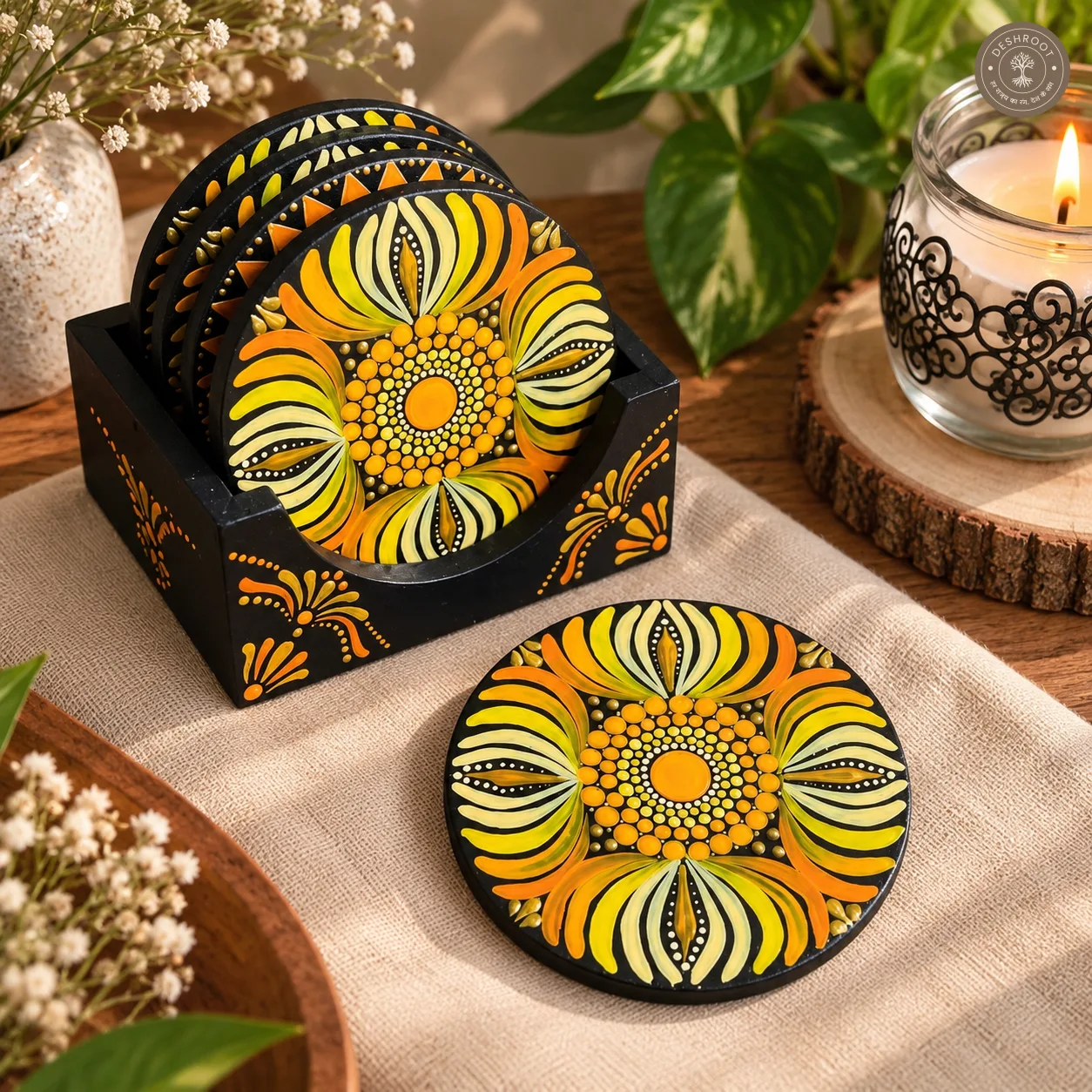 Golden Marigold Hand-Painted Resin Dot Mandala Coasters - Set of 4