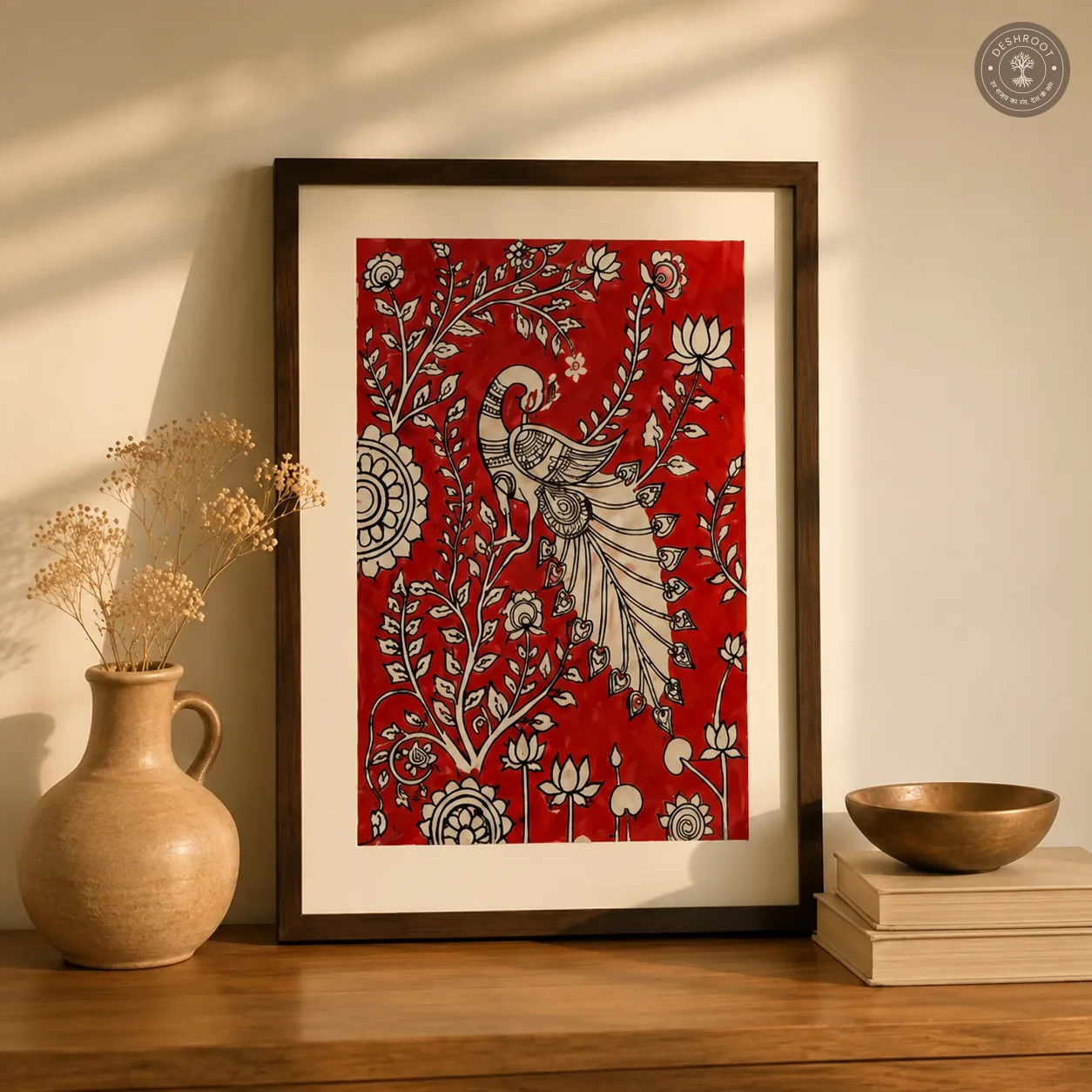 Traditional Kalamkari Painting – Handcrafted Peacock & Floral Motifs on Canvas
