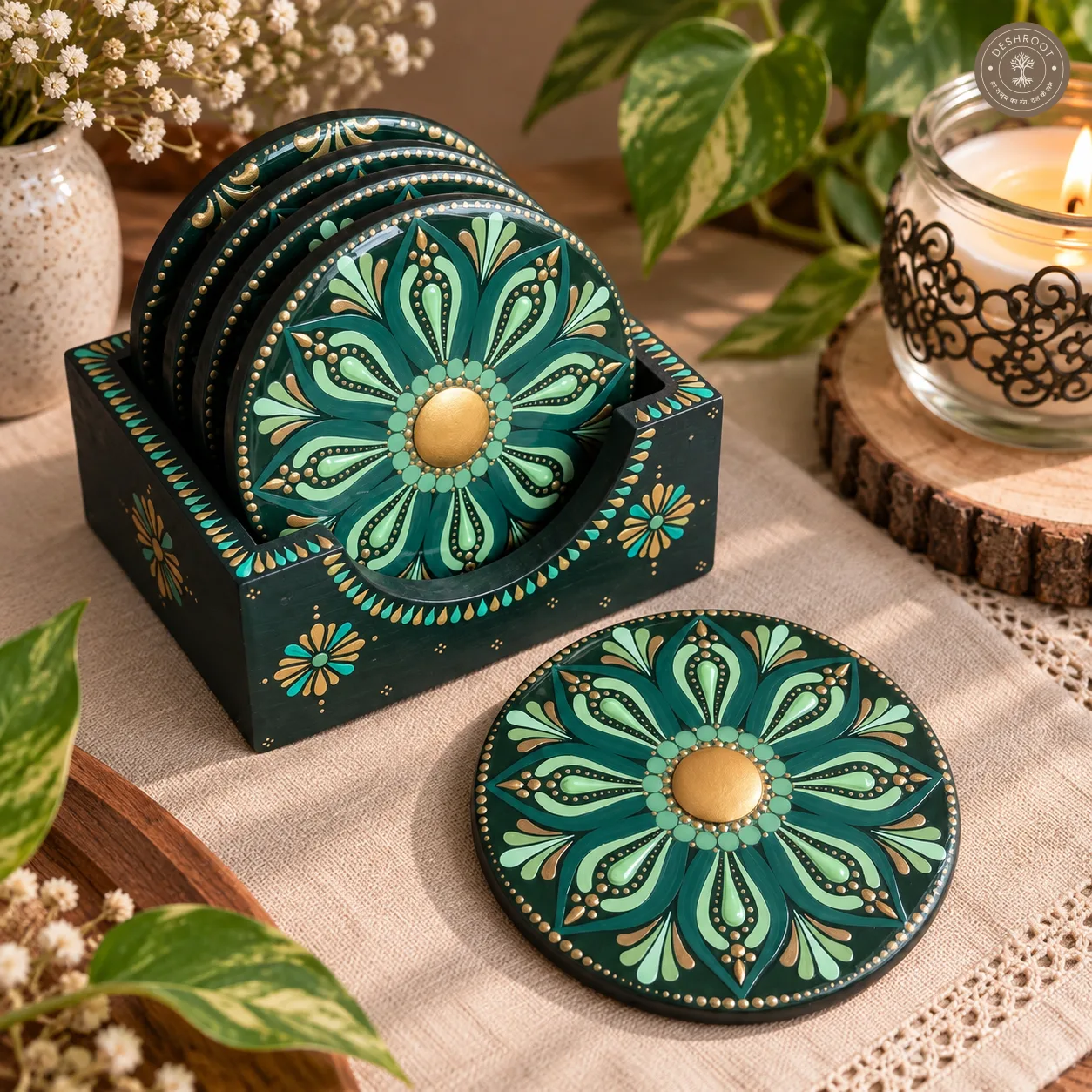Verdant Aura Hand-Painted Resin Dot Mandala Coasters - Set of 4