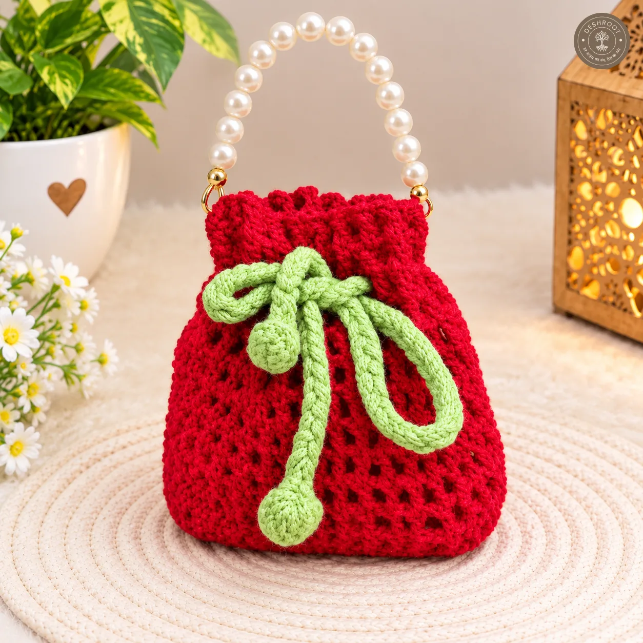 Handcrafted Strawberry Crochet Potli Bag with Pearl Handle & Drawstring
