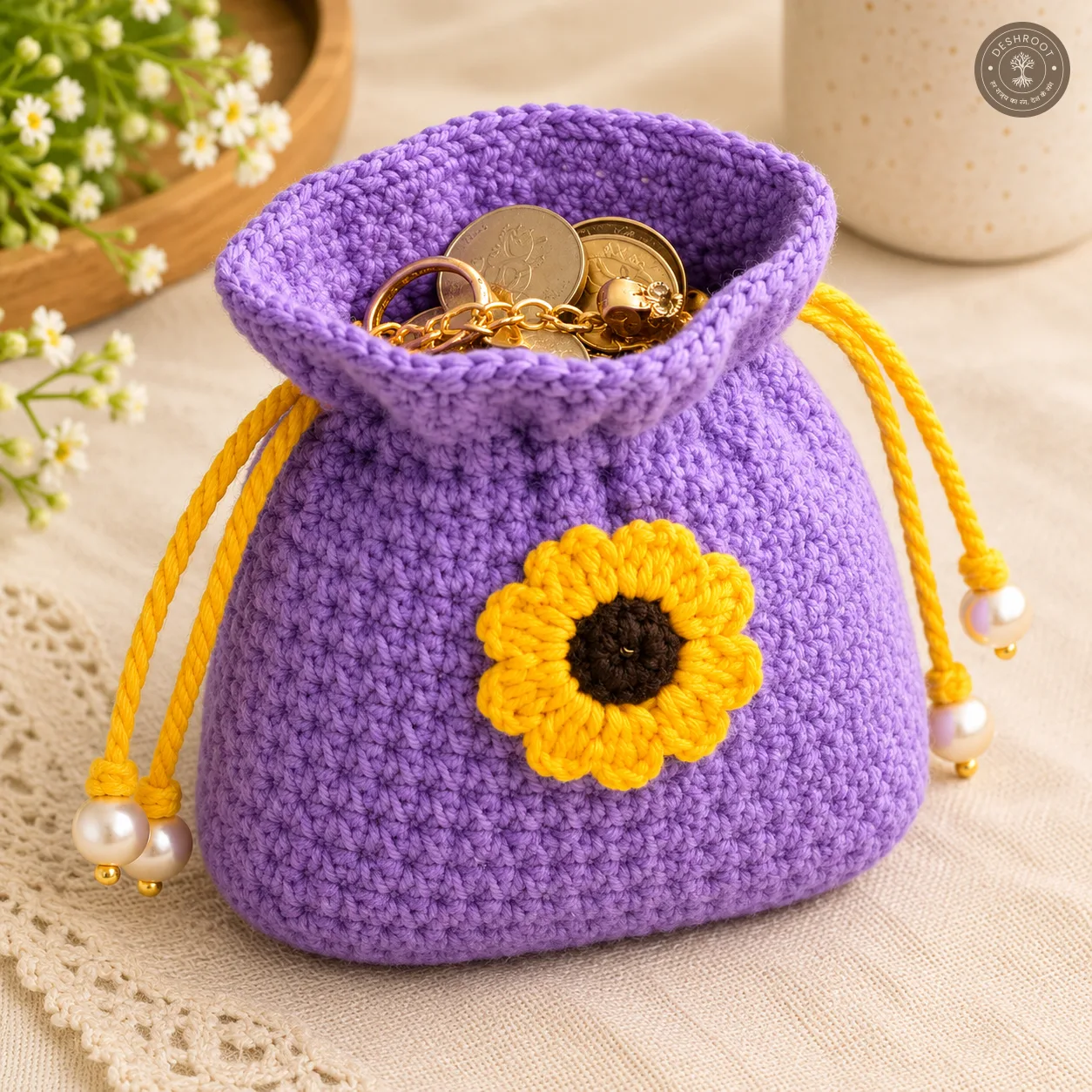 Handmade Crochet Sunflower Drawstring Pouch