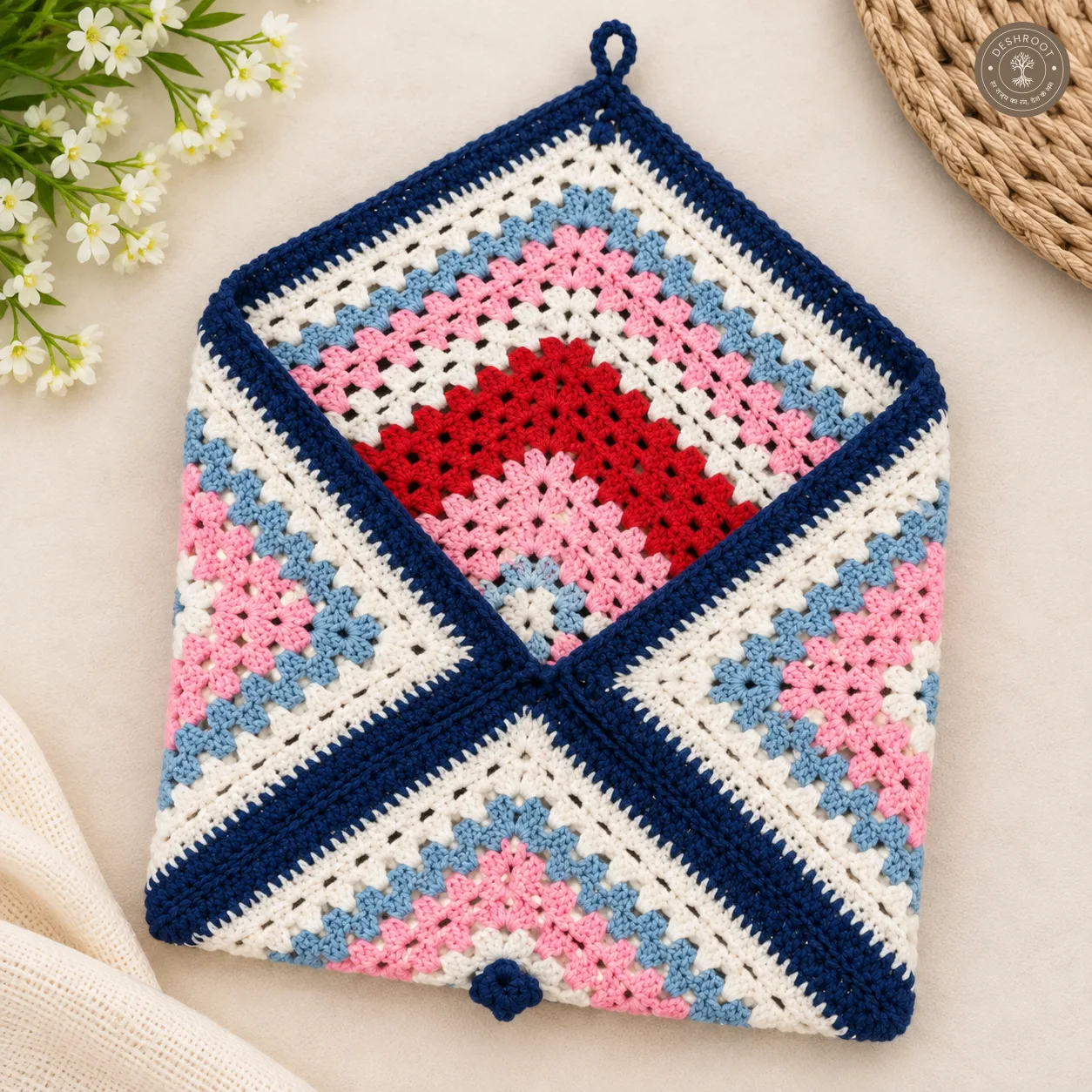 Handmade Crochet Square Laptop Cover - Multicolour Cotton Yarn Laptop Pouch