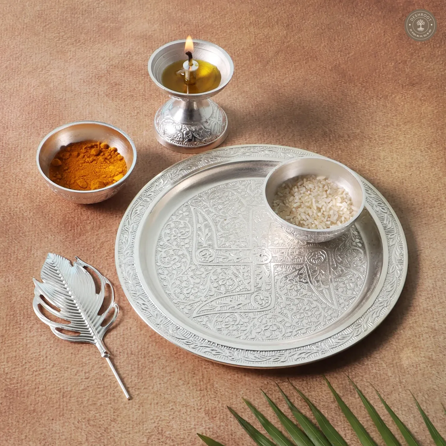 Silver aluminium Pooja thali Set of 5 with velvet box