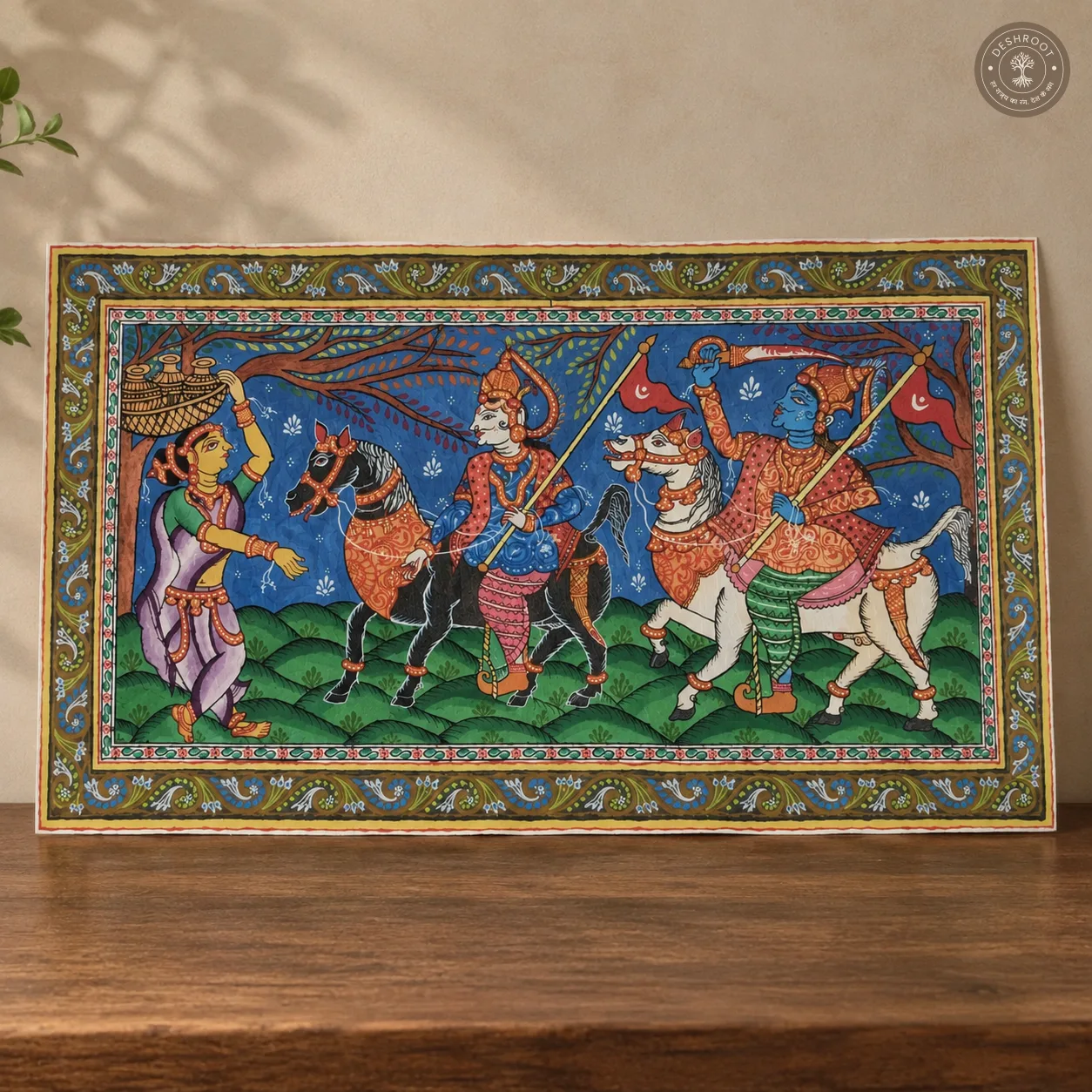 Kanchi Abhijan Patachitra Painting – Jagannath & Baladev with Milkmaid Manika