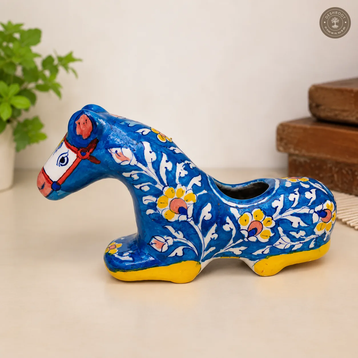 Handcrafted Blue Pottery Horse Planter – Jaipur Blue Pottery Ceramic Horse with Hand-Painted Floral Motifs for Plants, Home Décor & Gifting