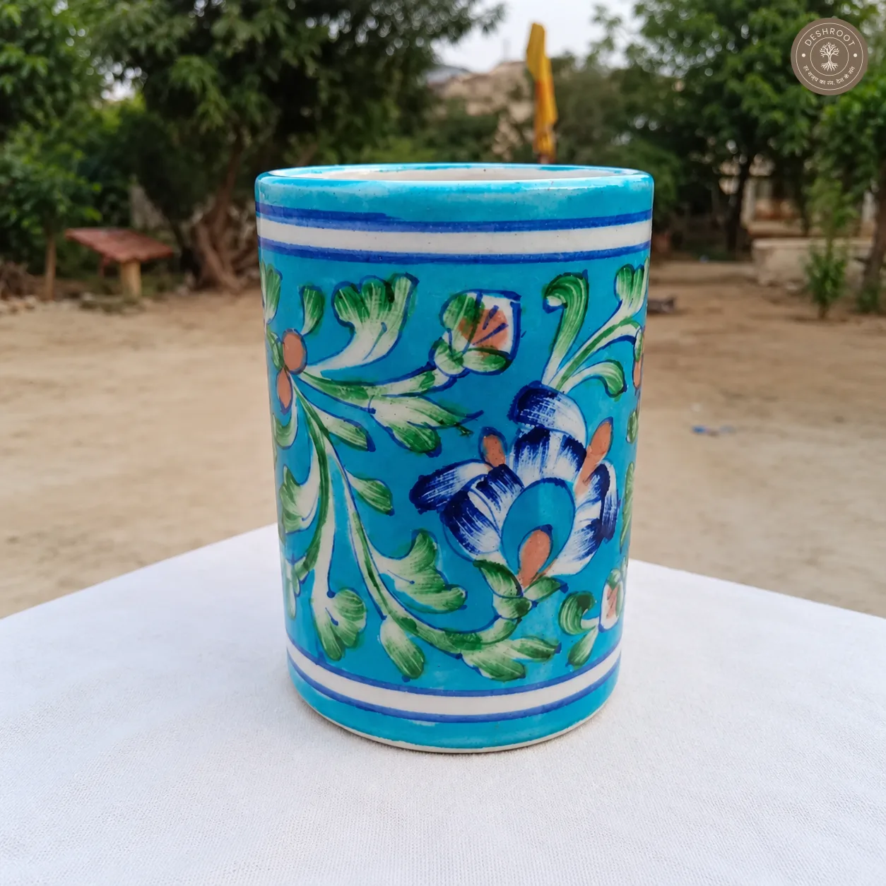 Handcrafted Jaipur Blue Pottery Ceramic Pen Holder – Hand-Painted Turquoise Floral Desk Organizer for Pens, Pencils, Brushes & Home Décor