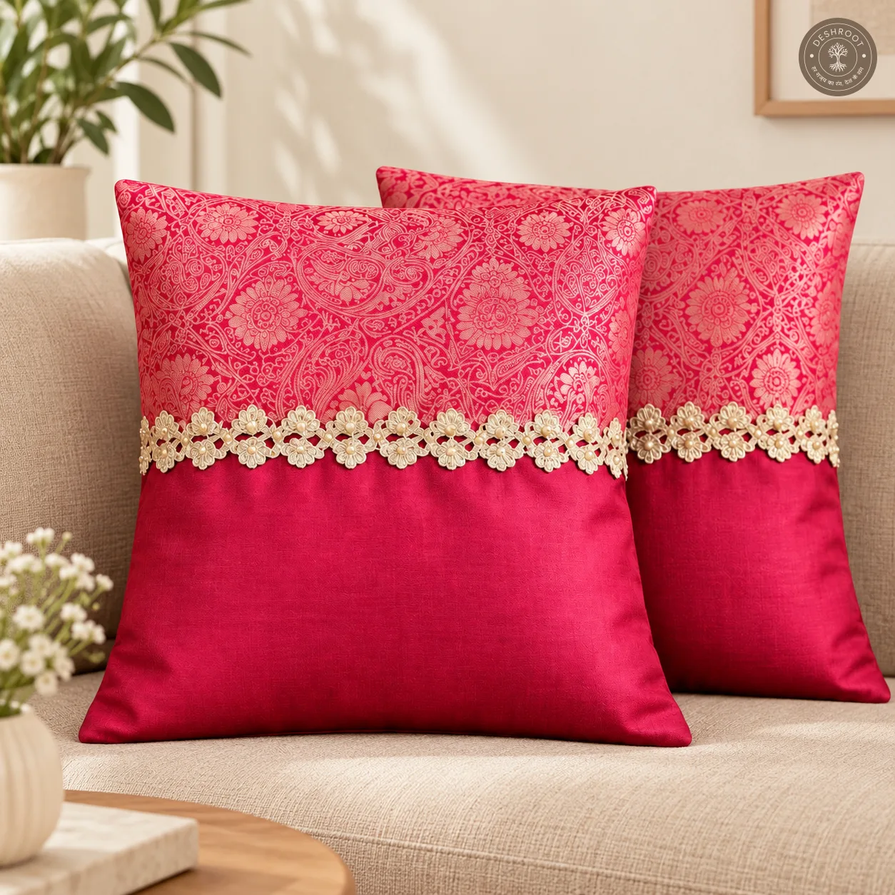 Royal Paisley Maroon Silk Cushion Covers with Heavy Kasab Lace