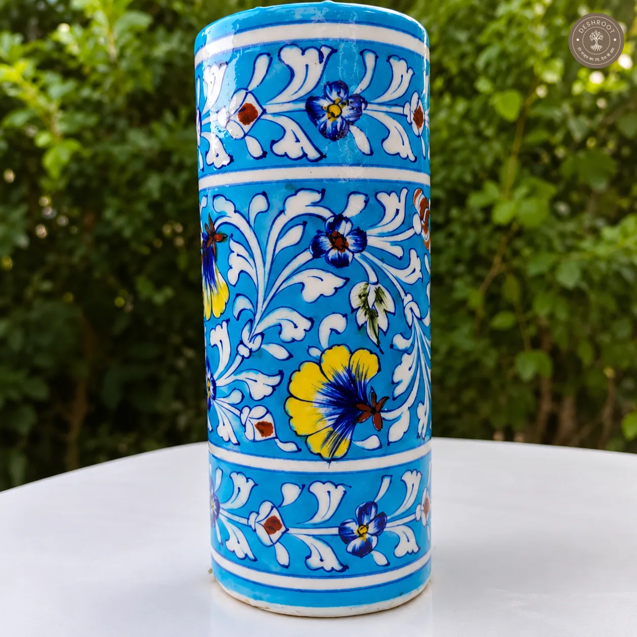 Handcrafted Jaipur Blue Pottery Ceramic Flower Vase – Hand-Painted Floral Botanical Design on Sky Blue Glazed Ceramic for Home Décor & Gifting