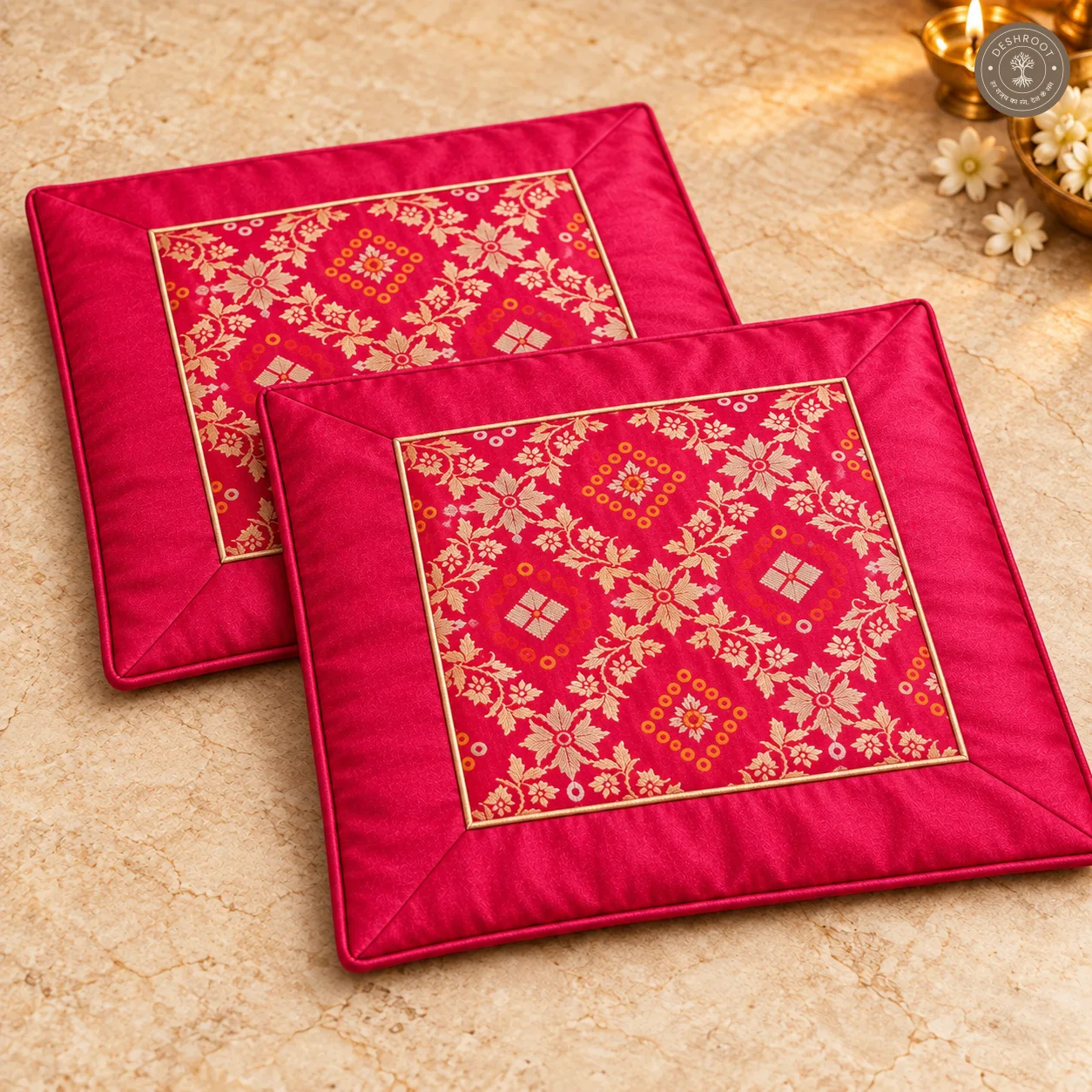 Gulabi Prarthana Floral Rangoli Silk Pooja Aasan with Golden Lace