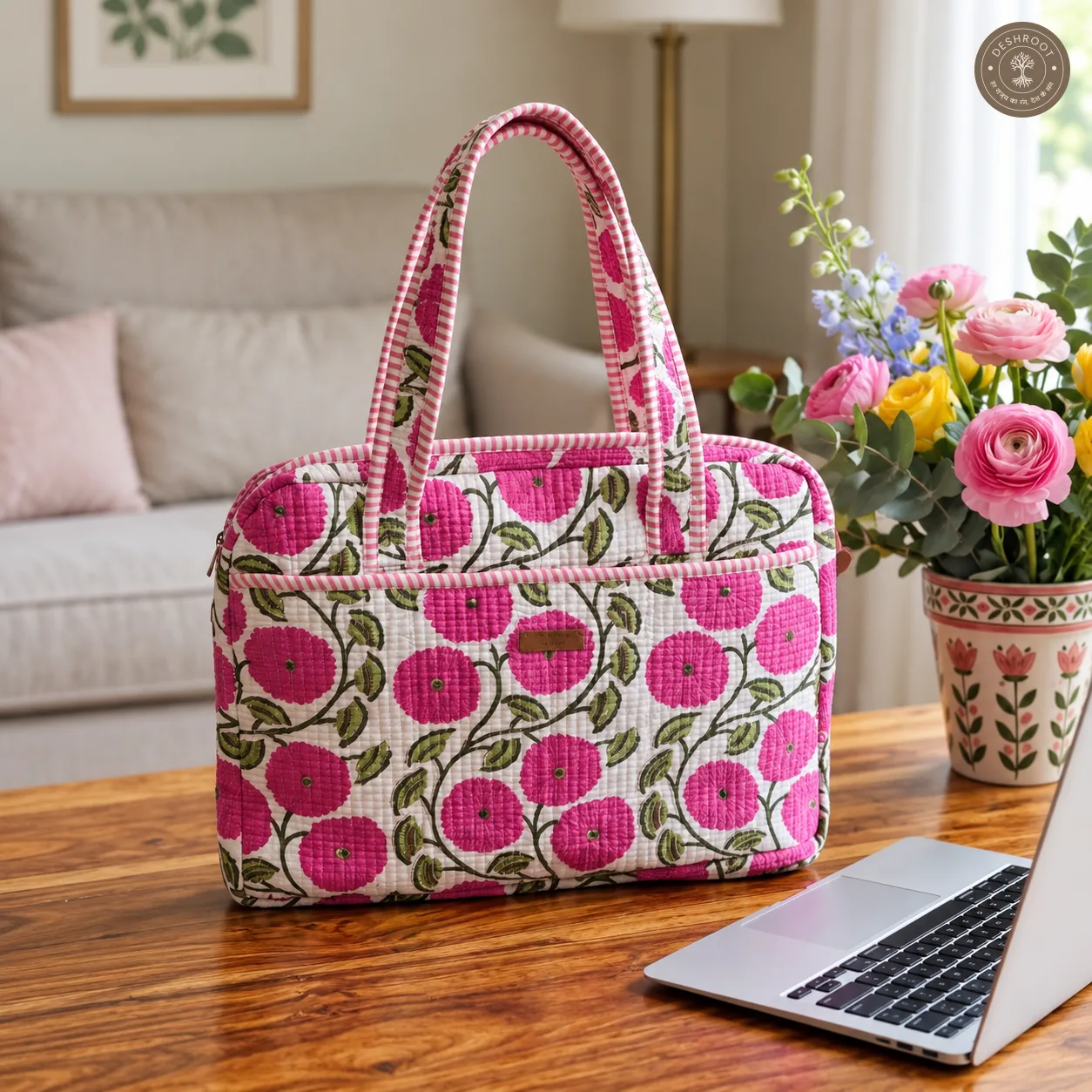 Pink Blossom Quilted Laptop Bag – Handcrafted Floral Cotton Laptop Bag