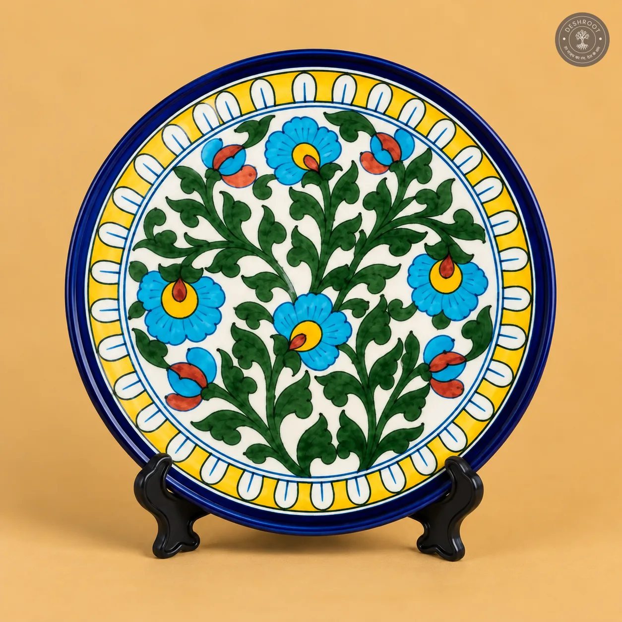 Handcrafted Jaipur Blue Pottery Decorative Ceramic Plate – Hand-Painted Floral & Vine Wall Plate for Traditional Home Décor, Table Display & Gifting