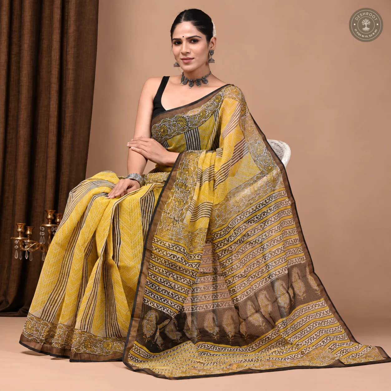 Hand Block Printed Kota Doriya Saree for Women | Lightweight Traditional Indian Saree with Blouse Piece