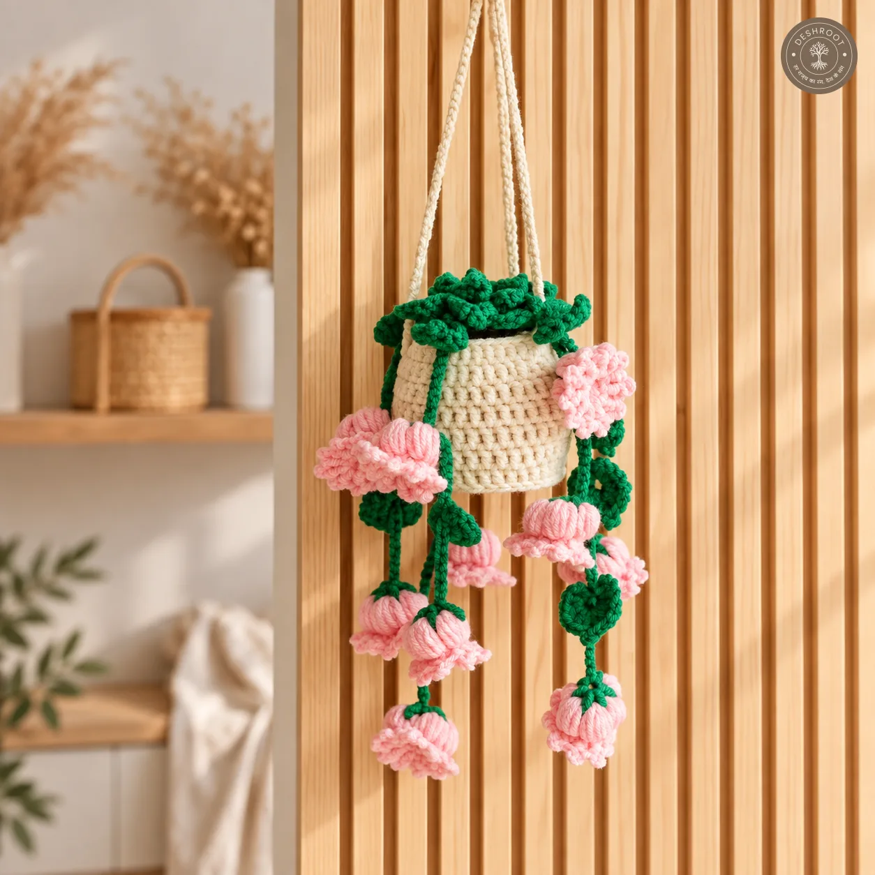 Handmade Crochet Hanging Plant with Cascading Pink Flowers - Aesthetic Room & Car Decor