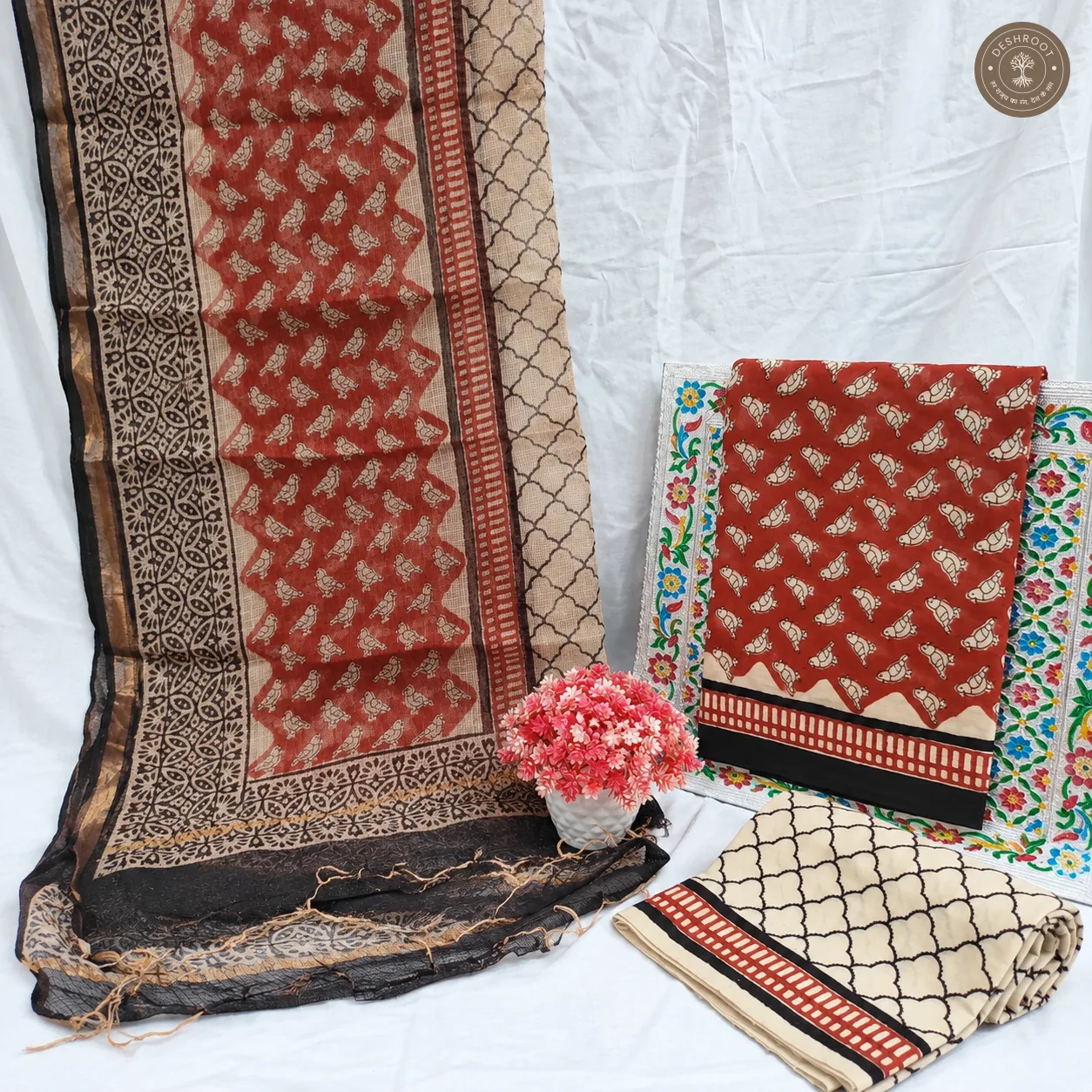 Bagru Hand Block Printed Cotton Suit with Kota Doriya Dupatta | Unstitched 3 Piece Dress Material for Women