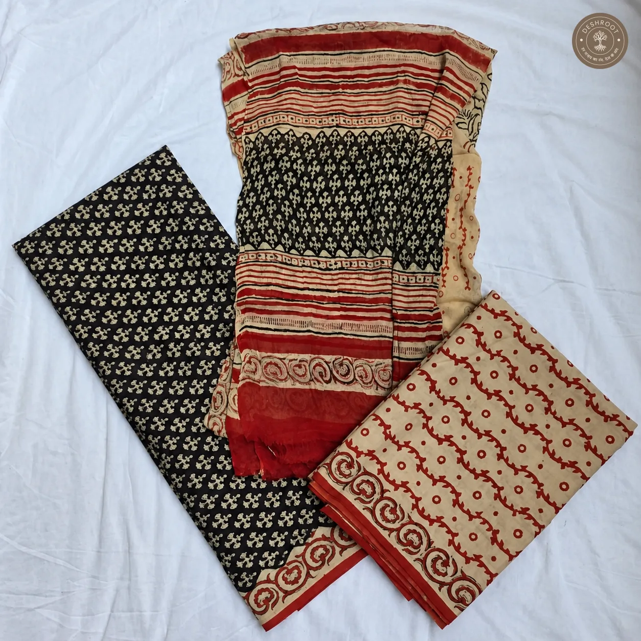 Bagru Hand Block Printed Cotton Suit Set with Chiffon Dupatta | Unstitched 3 Piece Dress Material for Women
