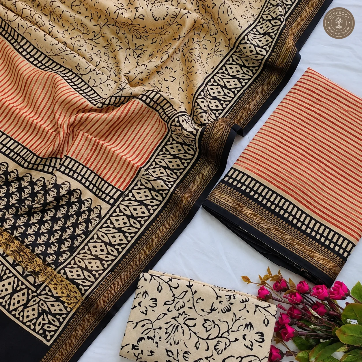 Maheshwari Silk Hand Block Printed Suit Set with Dupatta | Unstitched 3 Piece Dress Material for Women