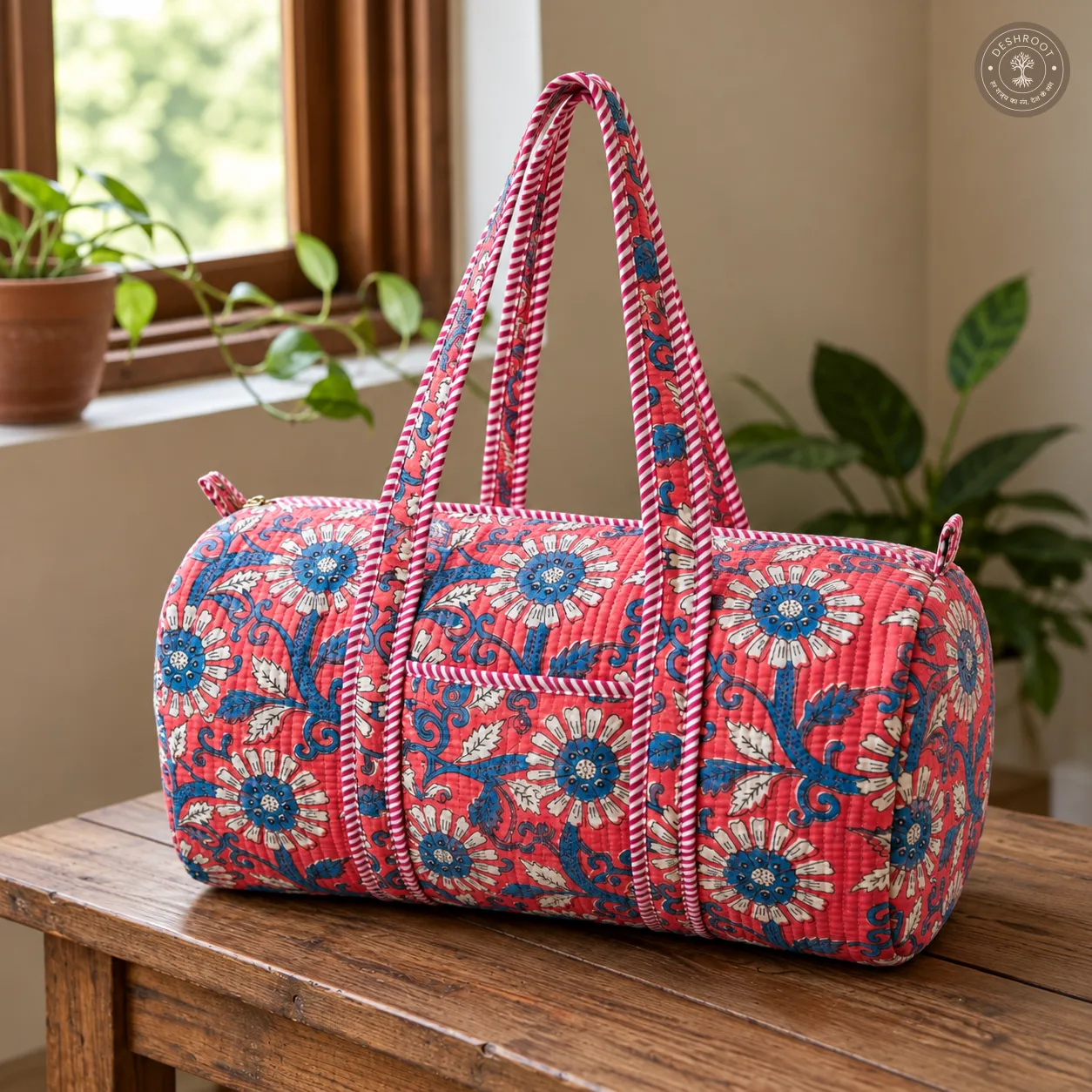 Coral Bloom Handmade Quilted Cotton Duffle Bag