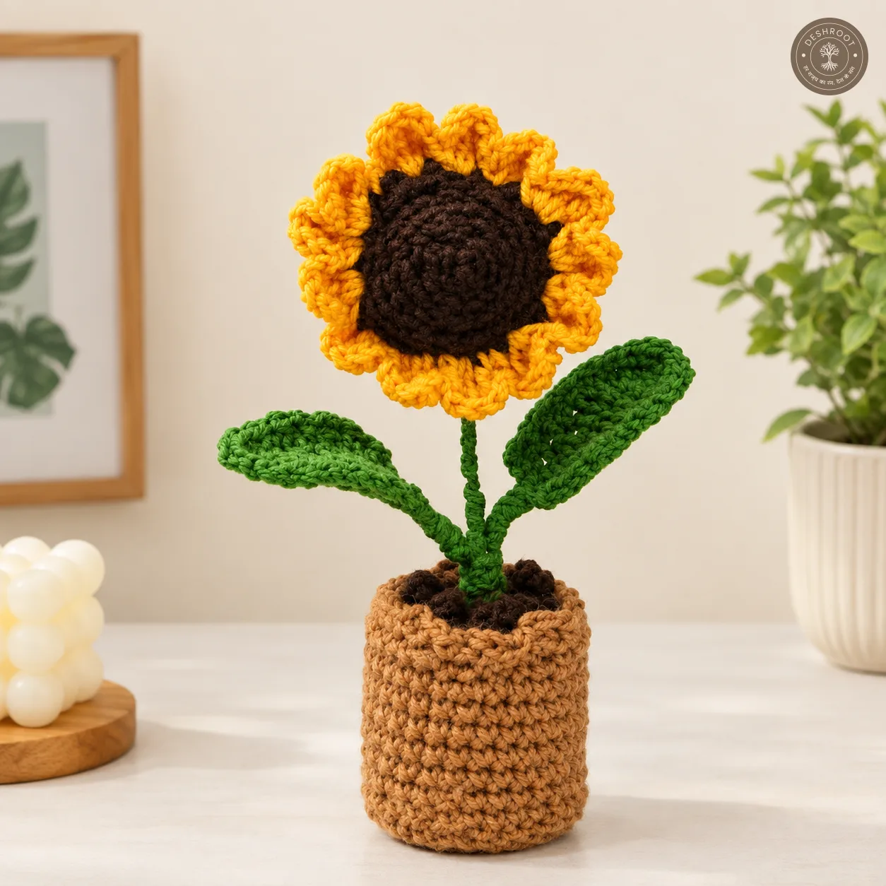 Handmade Crochet Sunflower in Pot - Knitted Flower Plant for Home & Office Decor