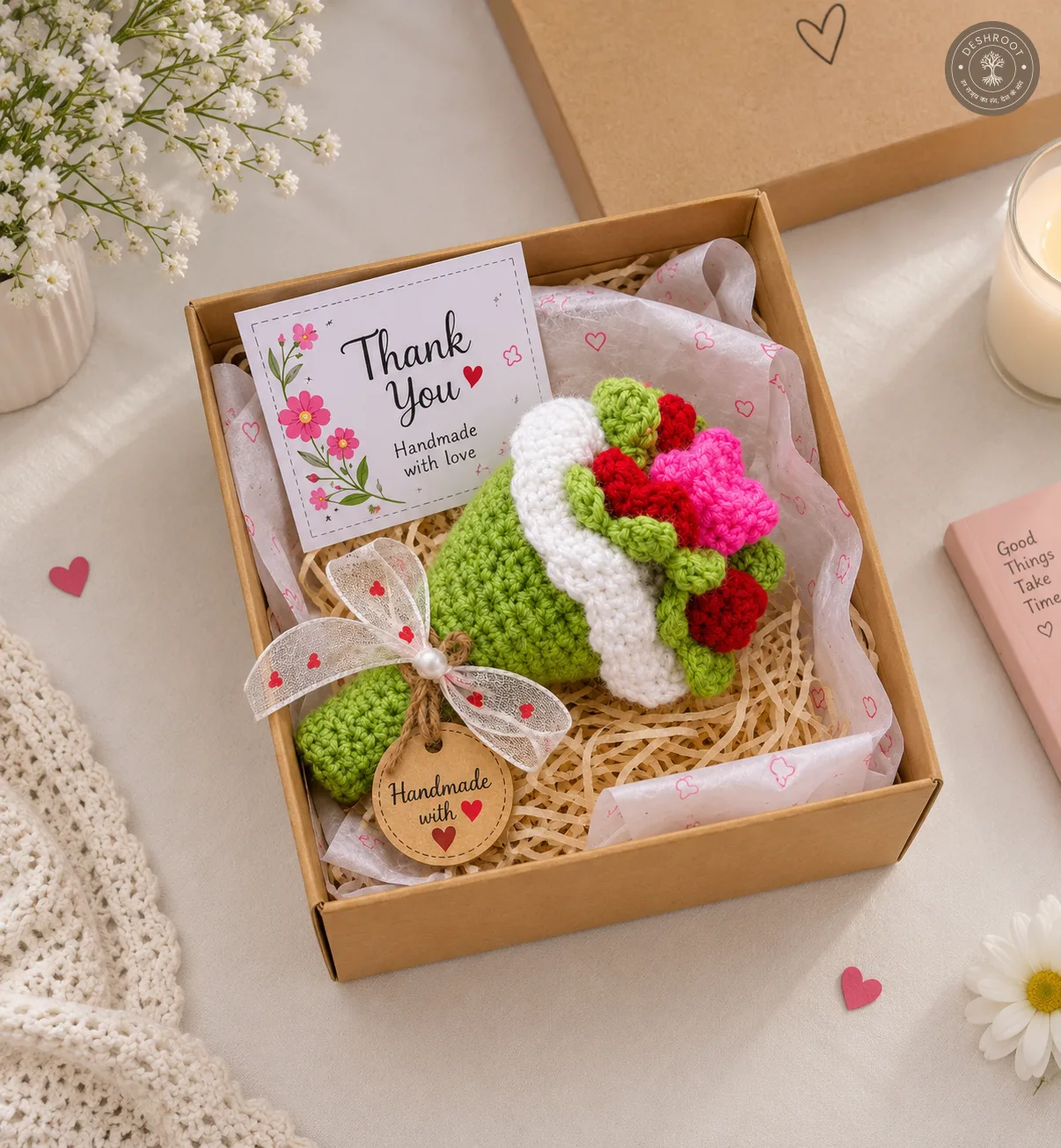 Handmade Crochet Flower Bouquet Gift - Knitted Rose Bouquet with Gift Box