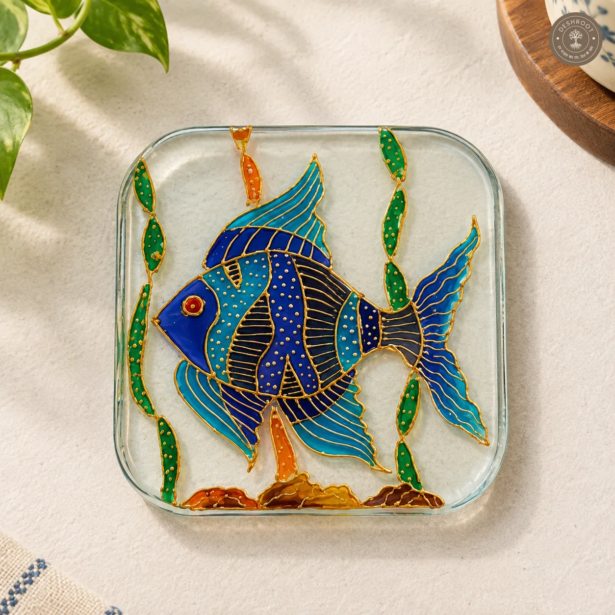 Hand Painted Tropical Fish Glass Coaster - Intricate Blue Fish Artwork with Gold Detailing