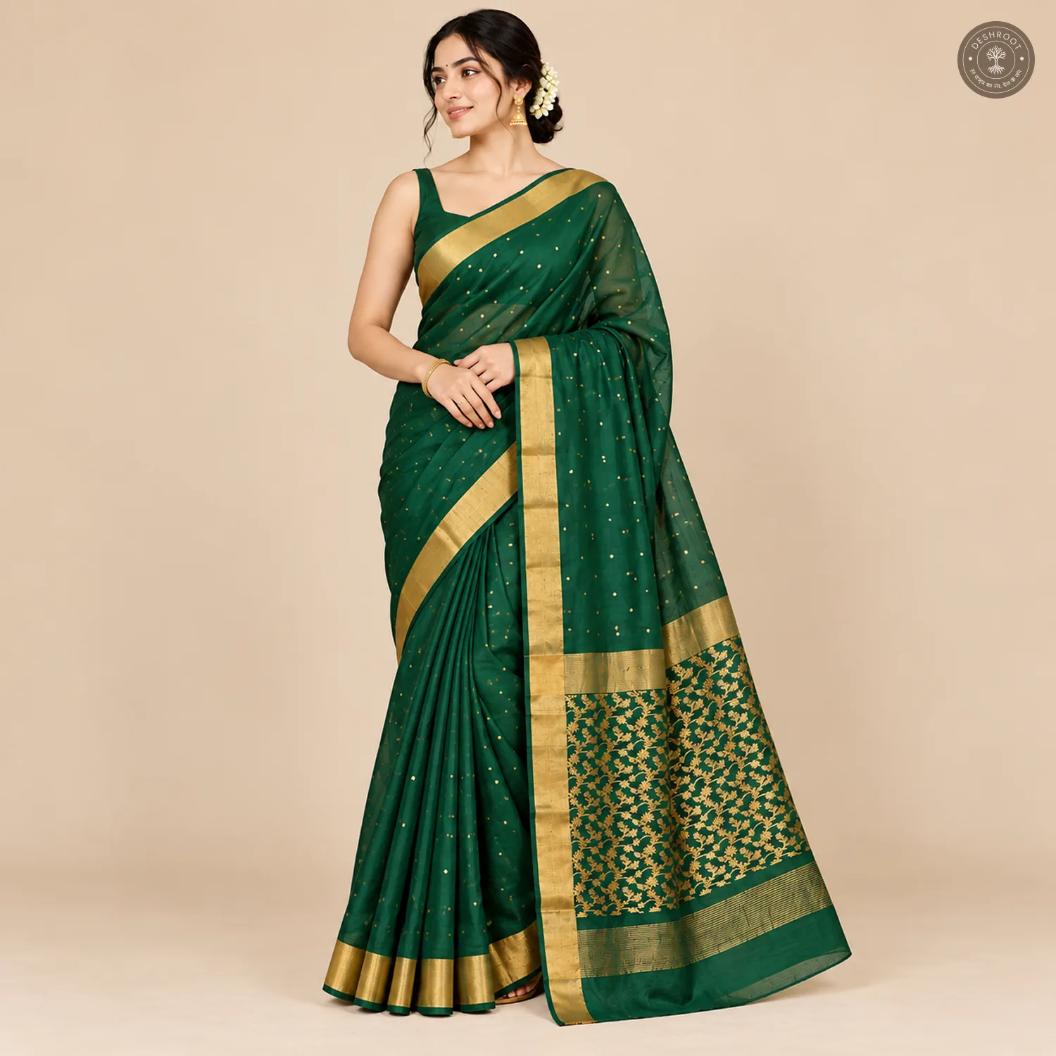 Bottle Green Katan Silk Saree with Ghani Buti & Floral Jaal Pallu