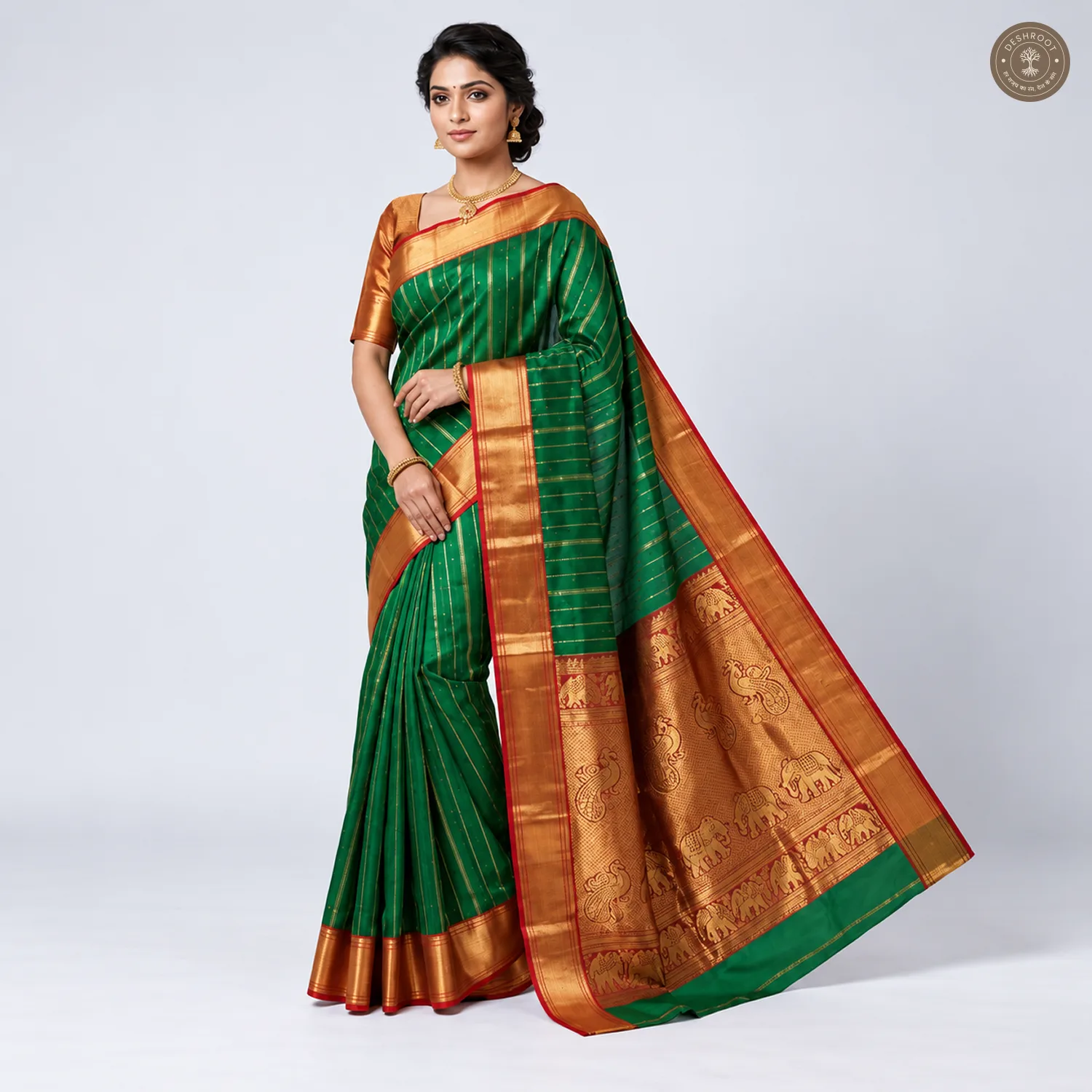 Green Katan Silk Saree with Elephant-Peacock Zari Pallu