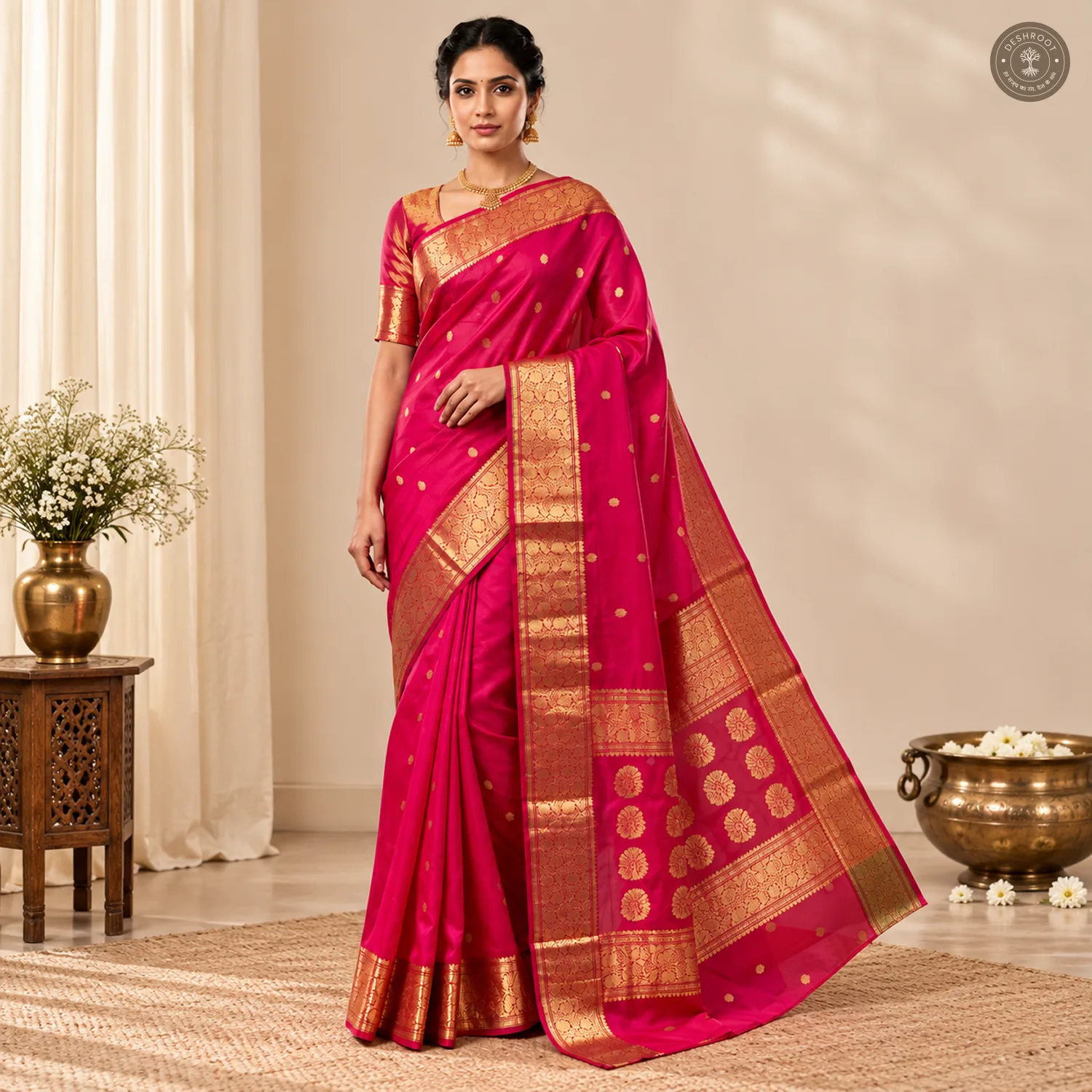 Rani Pink Katan Silk Saree with Ghani Buti & Floral Zari Pallu