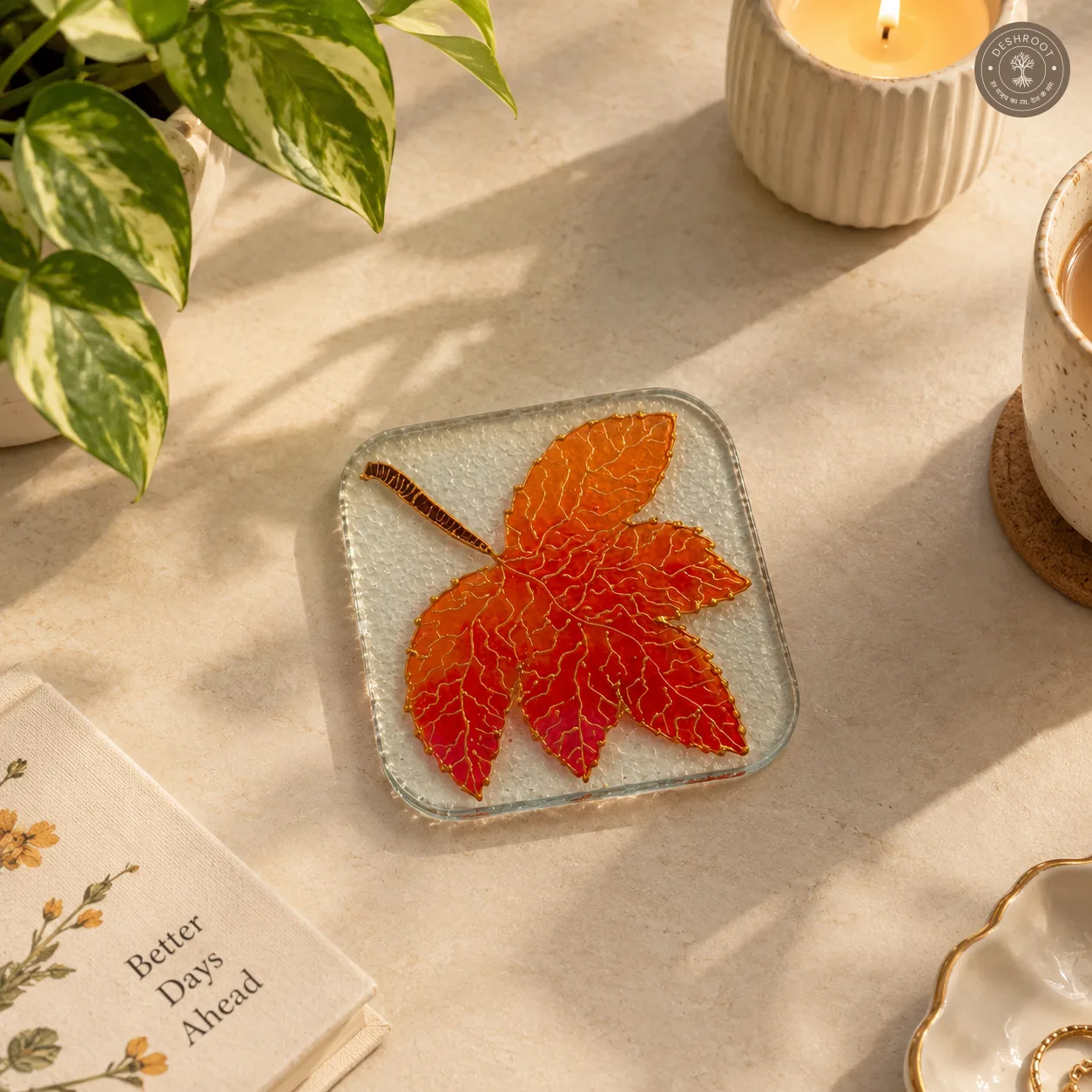 Hand Painted Autumn Leaf Glass Coaster - Red & Orange Nature Inspired Artwork