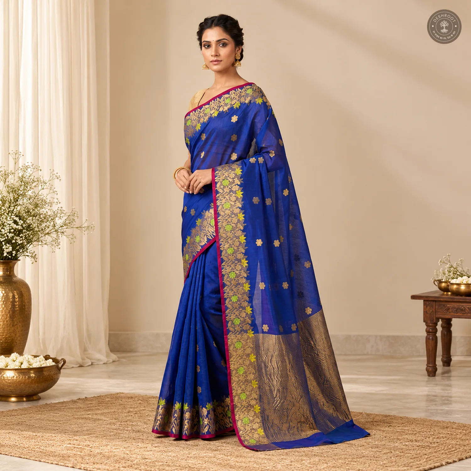 Royal Blue Katan Silk Saree with Meenakari Floral Border & Zari Buti