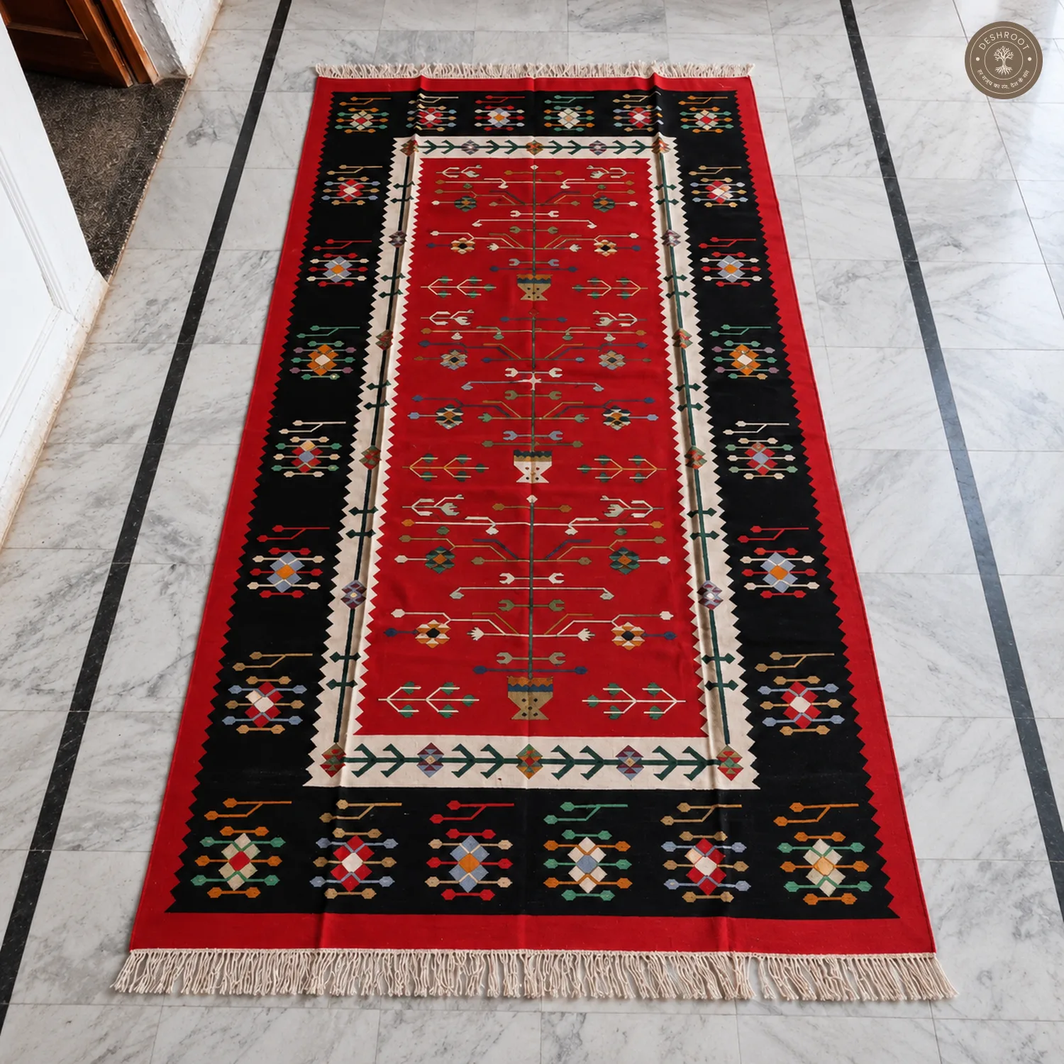 Black & Red Botanical Geometric Handwoven Durrie