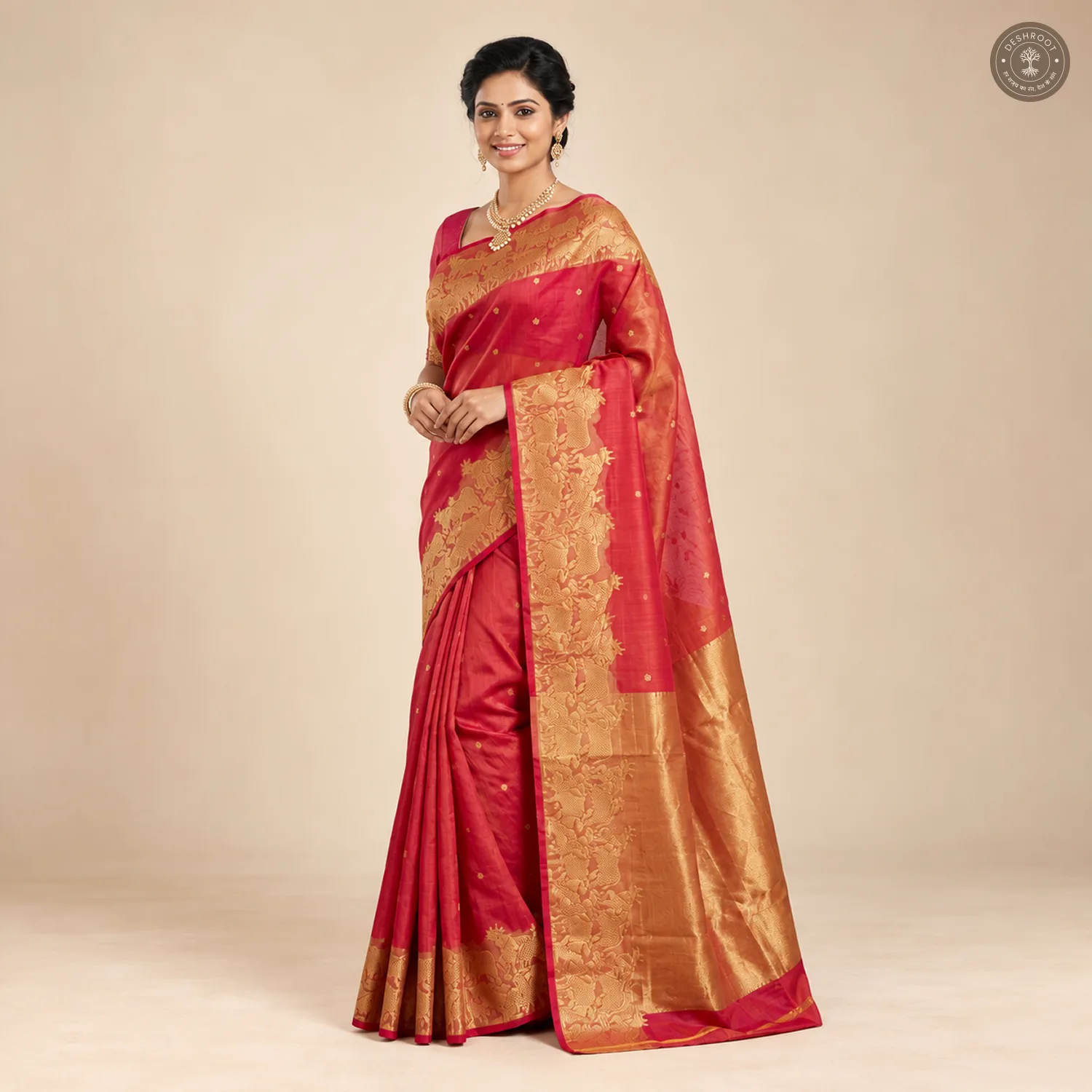 Pink-Red Shot Tone Katan Silk Saree with Wide Zari Motif Border