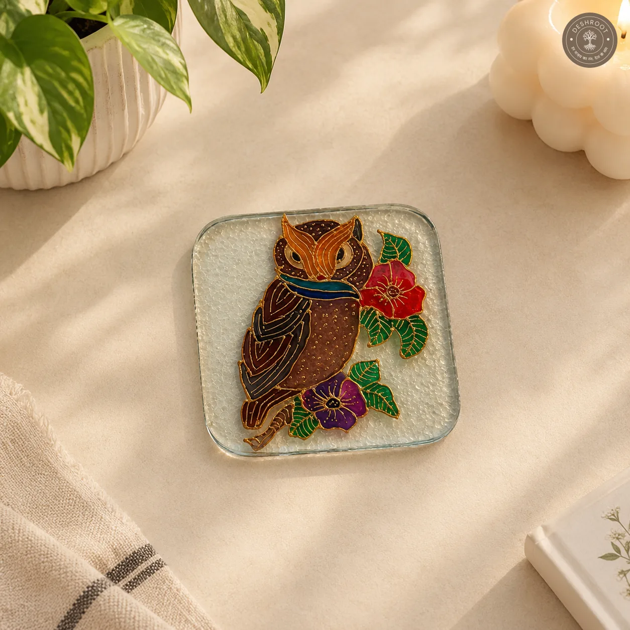 Hand Painted Owl & Floral Glass Coaster - Intricate Nature Inspired Artwork
