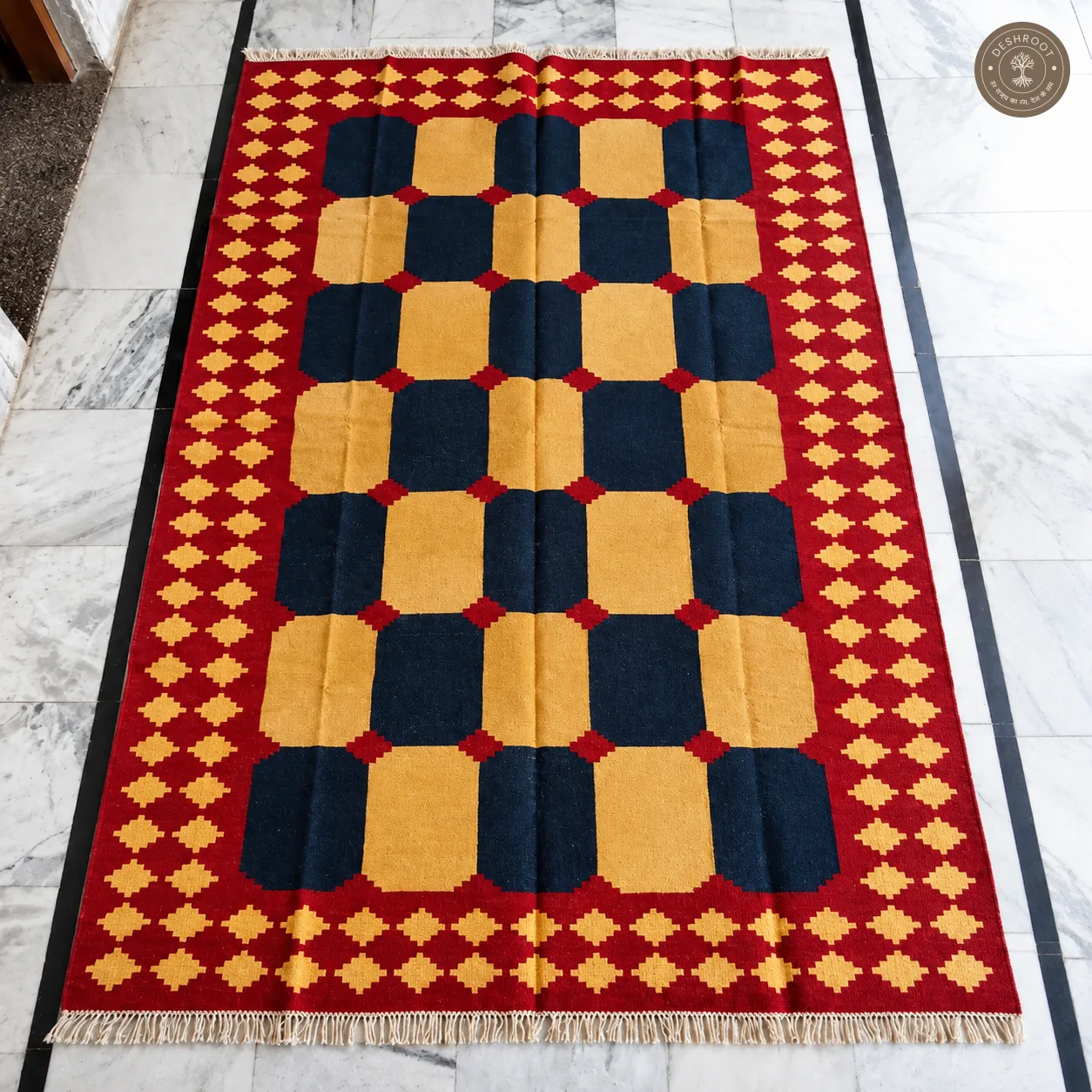 Maroon & Navy Checkerboard Geometric Handwoven Durrie