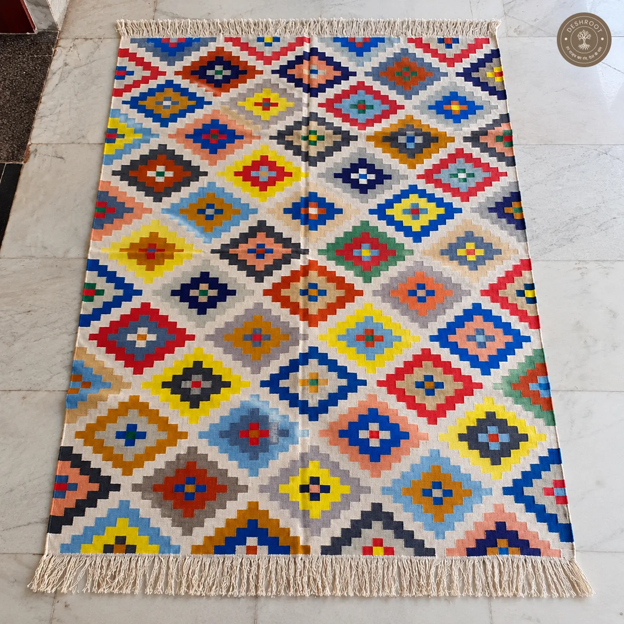 Ivory Multicolour Diamond Motif Handwoven Durrie