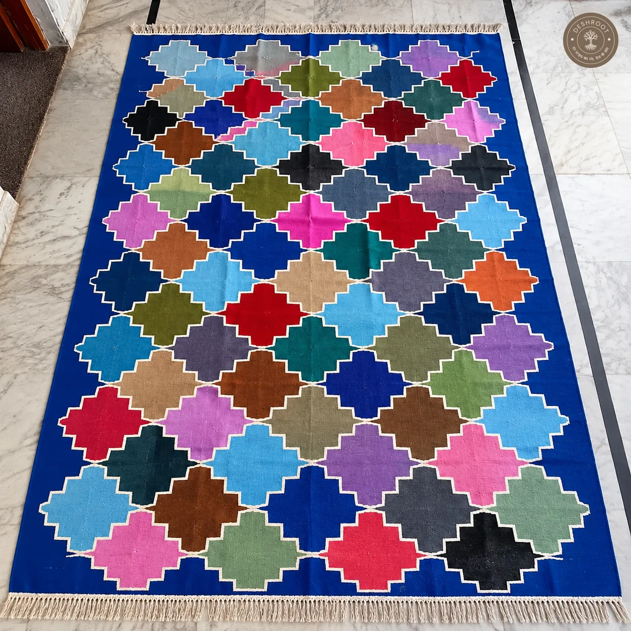 Blue Multicolour Lattice Geometric Handwoven Durrie