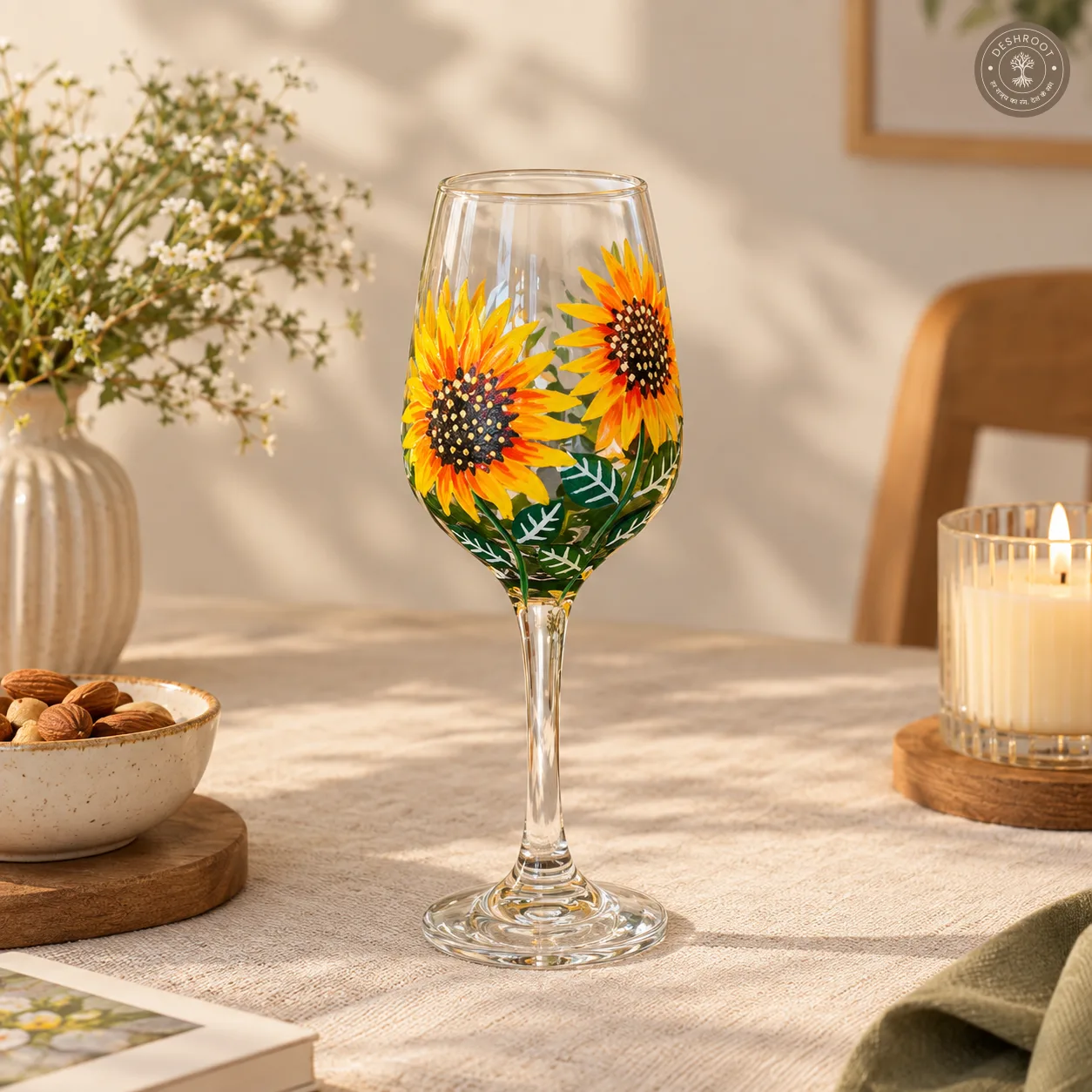 Hand Painted Sunflower Wine Glass - Vibrant Floral Botanical Artwork