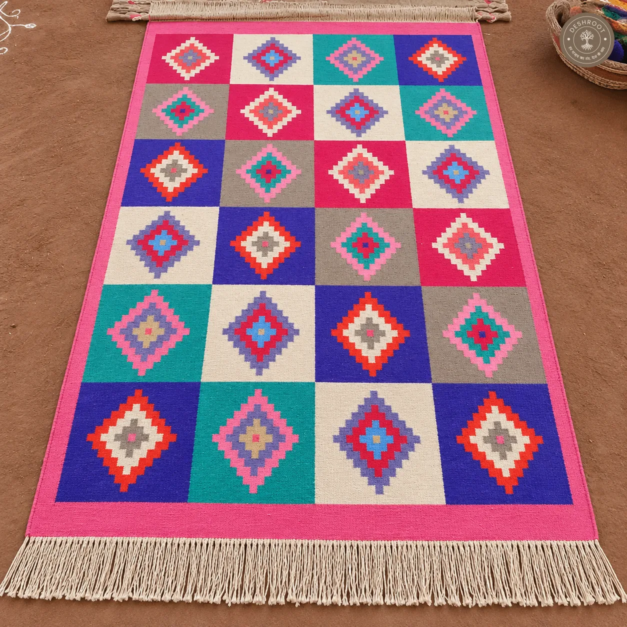 Multicolour Diamond Grid Handwoven Durrie