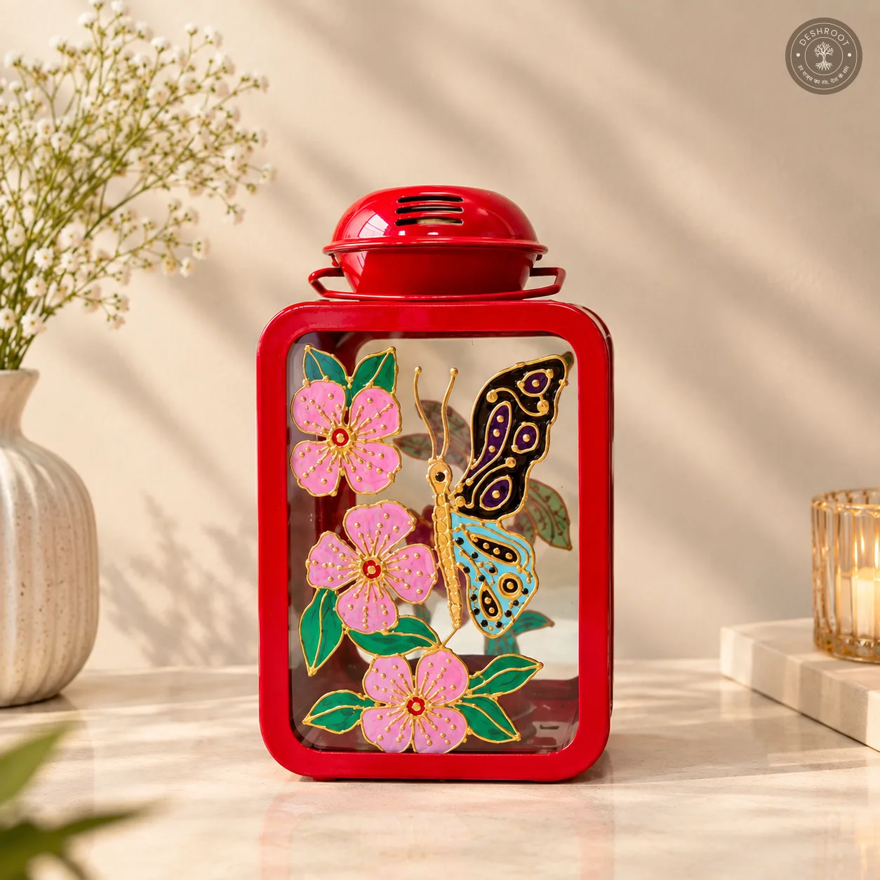 Hand Painted Red Glass Lantern with Floral & Butterfly Artwork