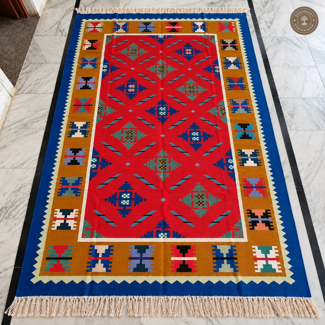 Multicolour Geometric Medallion Handwoven Durrie