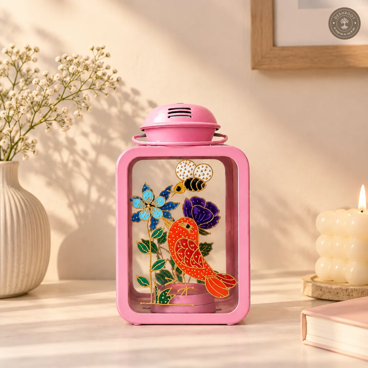 Hand Painted Pink Glass Lantern - Floral Botanical Decorative Accent