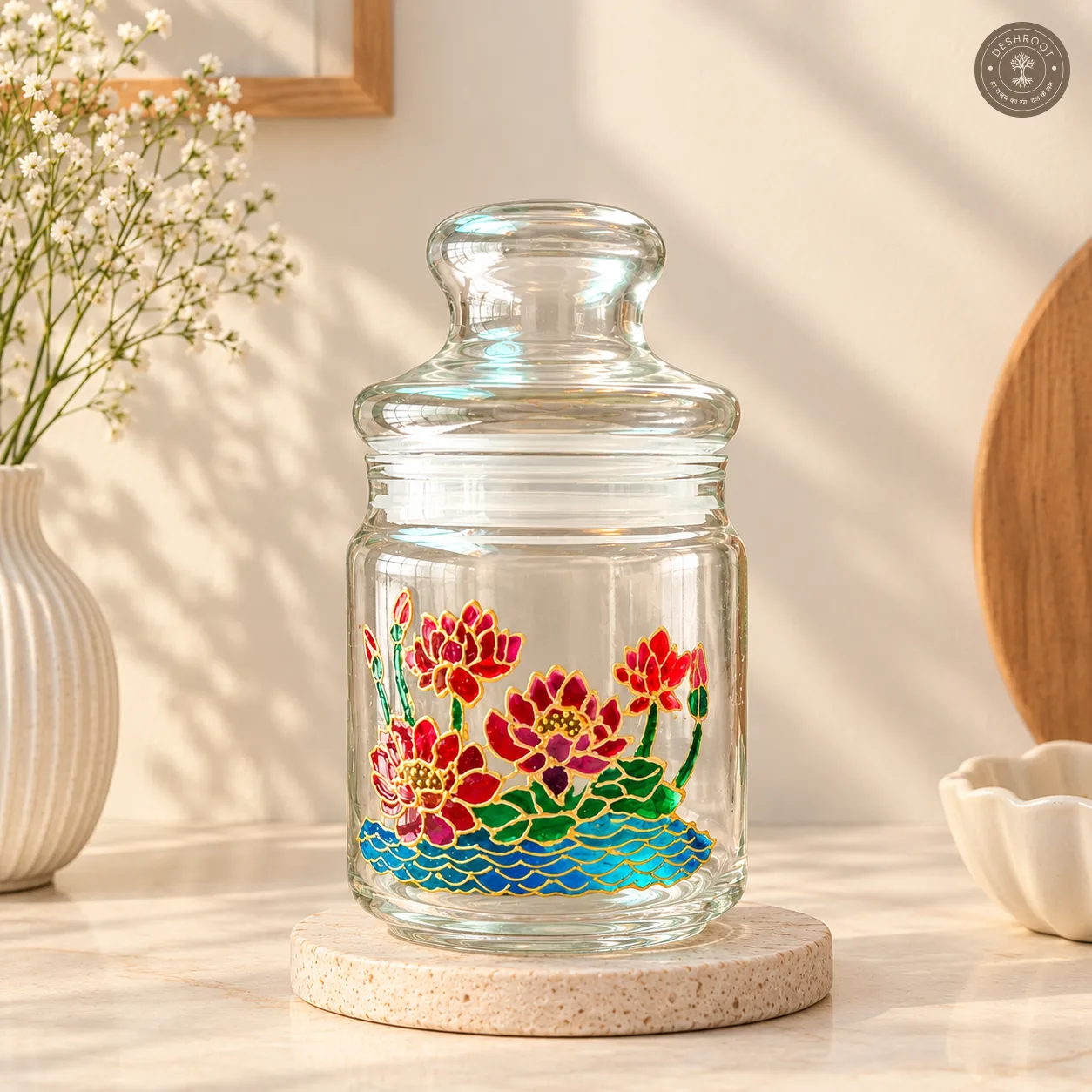 Hand Painted Airtight Glass Jar with Floral Artwork