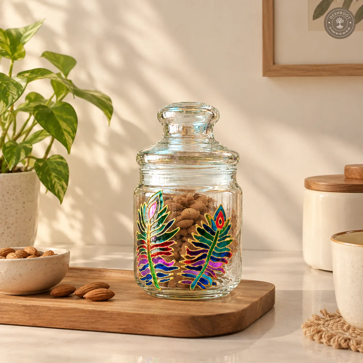 Hand Painted Peacock Feather Glass Jar- Airtight Decorative Storage Jar