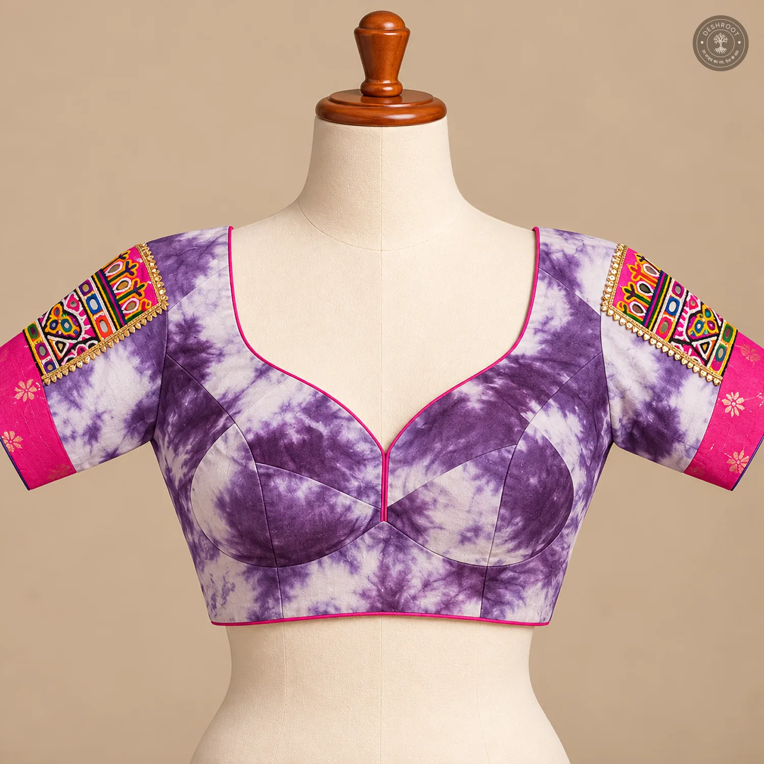 Purple Dola Silk Blouse with Artisan Patchwork & Lace Detailing
