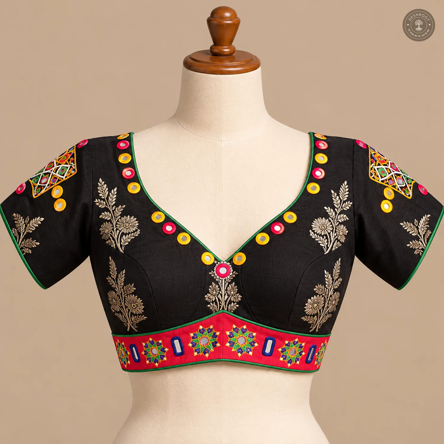 Black Pure Dola Silk Blouse with Handcrafted Vintage Mirror Work